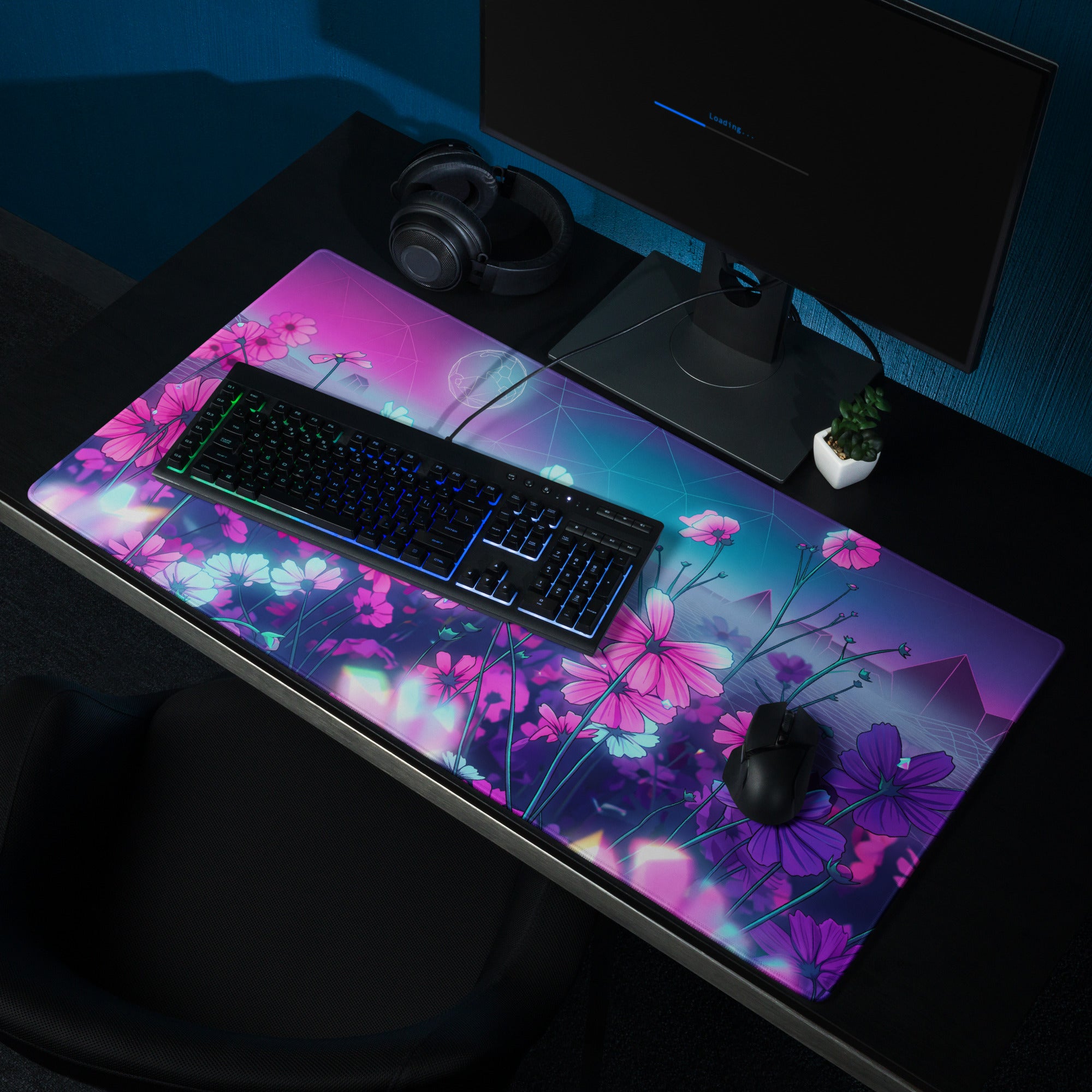 Neon Bloom Vaporwave Desktop Pad - Vaporwave Floral Mouse Pad Pink Purple Desk Gaming Neon Dreamy Neon Mood Desk Decor