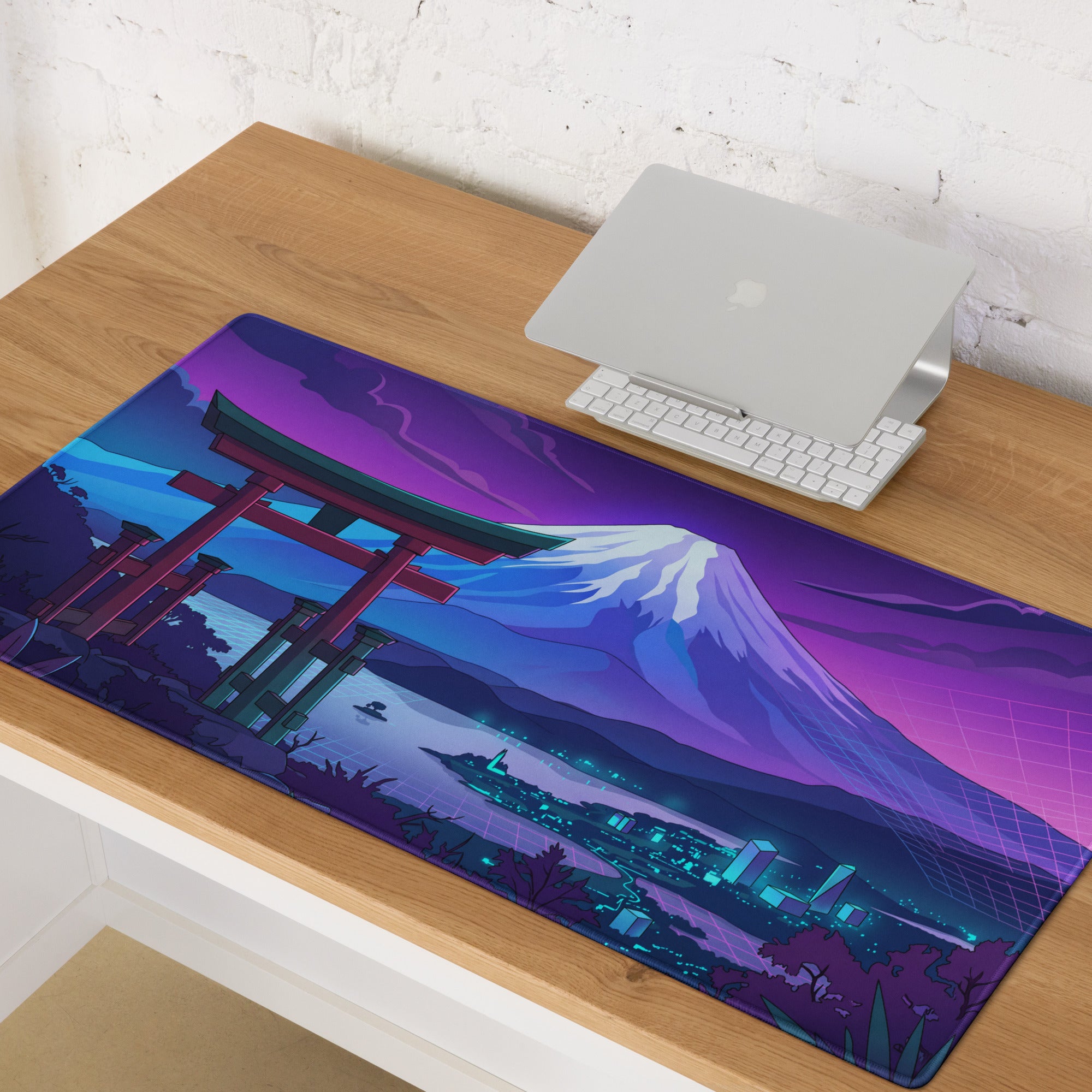 Vaporwave Neon Mount Fuji Mouse Pad - Mouse Pad Purple Pink Blue Vaporwave Dreamy Mood Retro Neon Digital Art