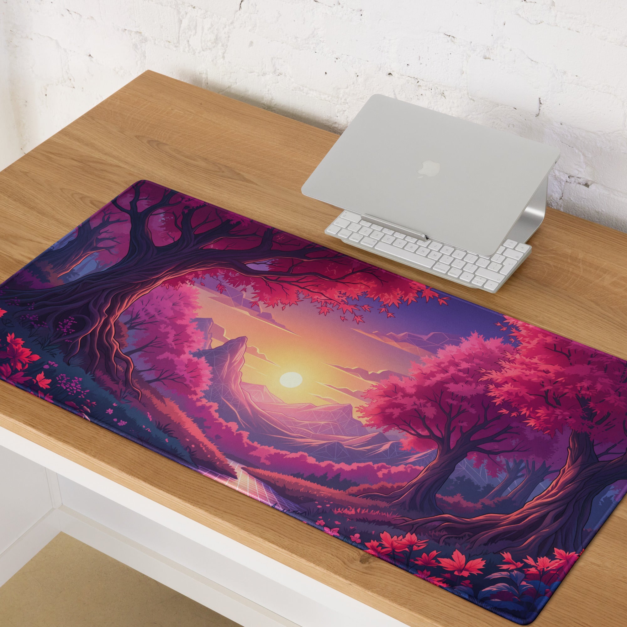 Vaporwave Sunset Forest Mouse Pad - Mouse Pad Purple Pink Sunset Desk Setup Vaporwave Dreamy Retro Neon Aesthetic Anime Digital Art