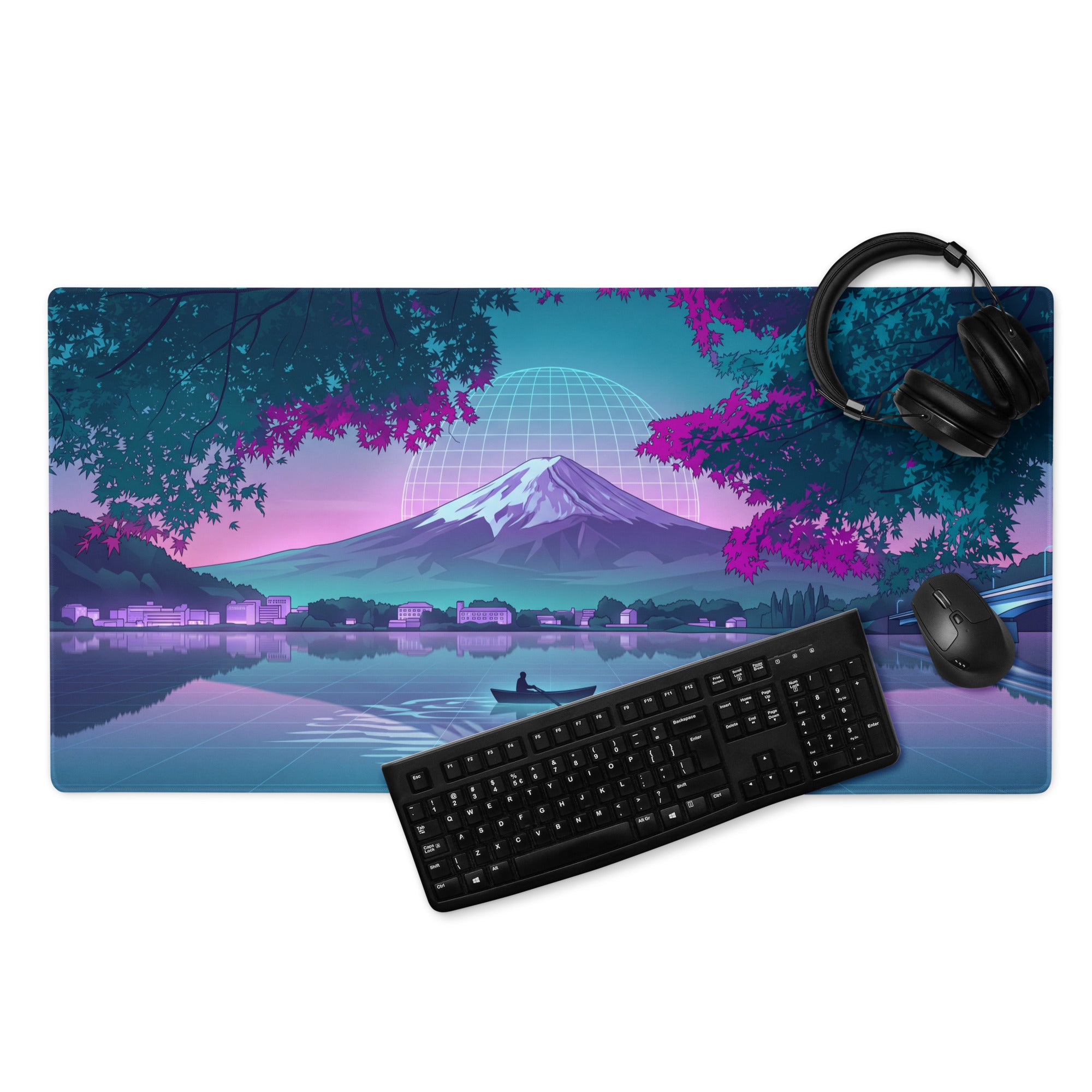 Vaporwave Neon Mountain Desk Pad - Gaming Mouse Pad Neon Purple Blue Desk Setup Vaporwave Dreamy Nostalgic