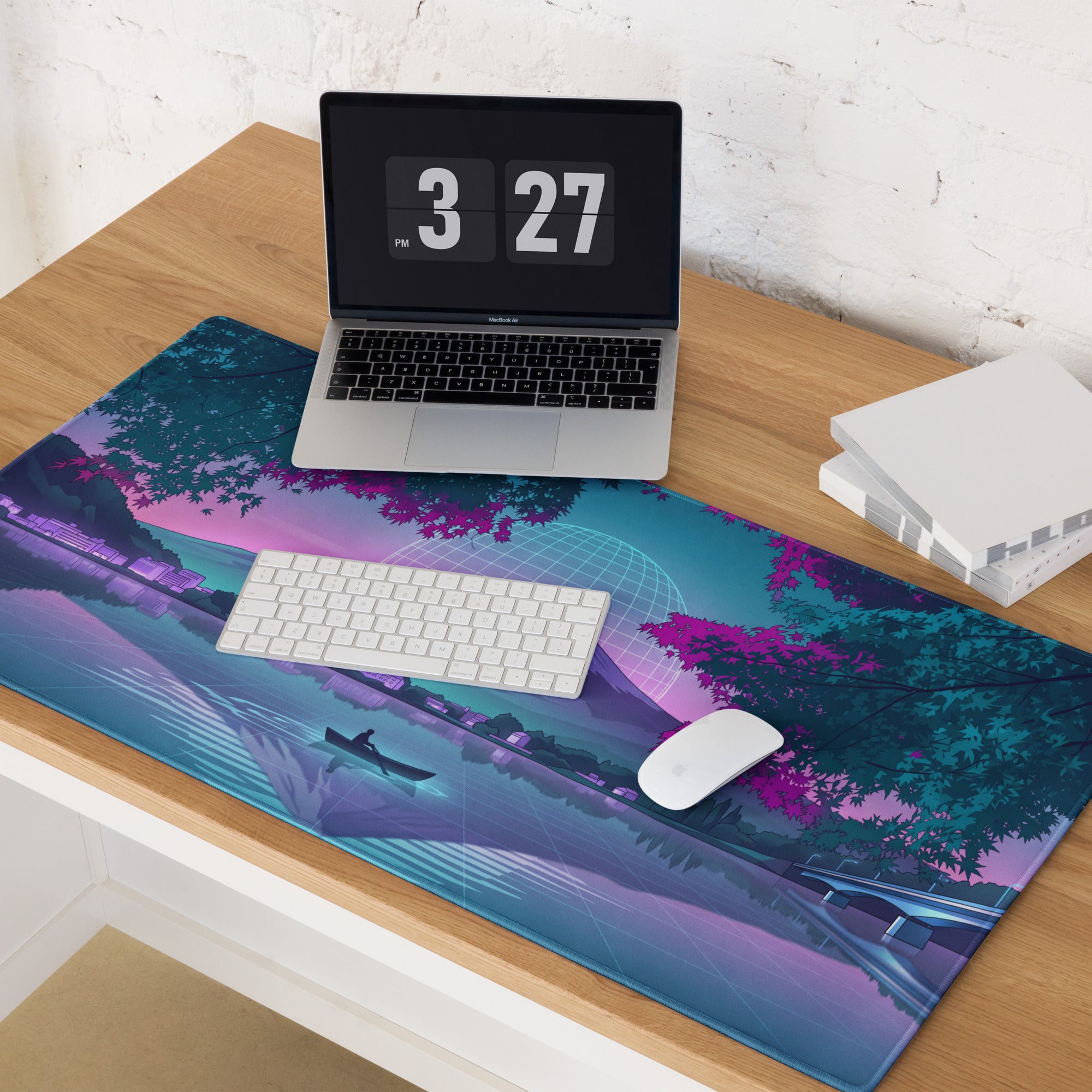 Vaporwave Neon Mountain Desk Pad - Gaming Mouse Pad Neon Purple Blue Desk Setup Vaporwave Dreamy Nostalgic