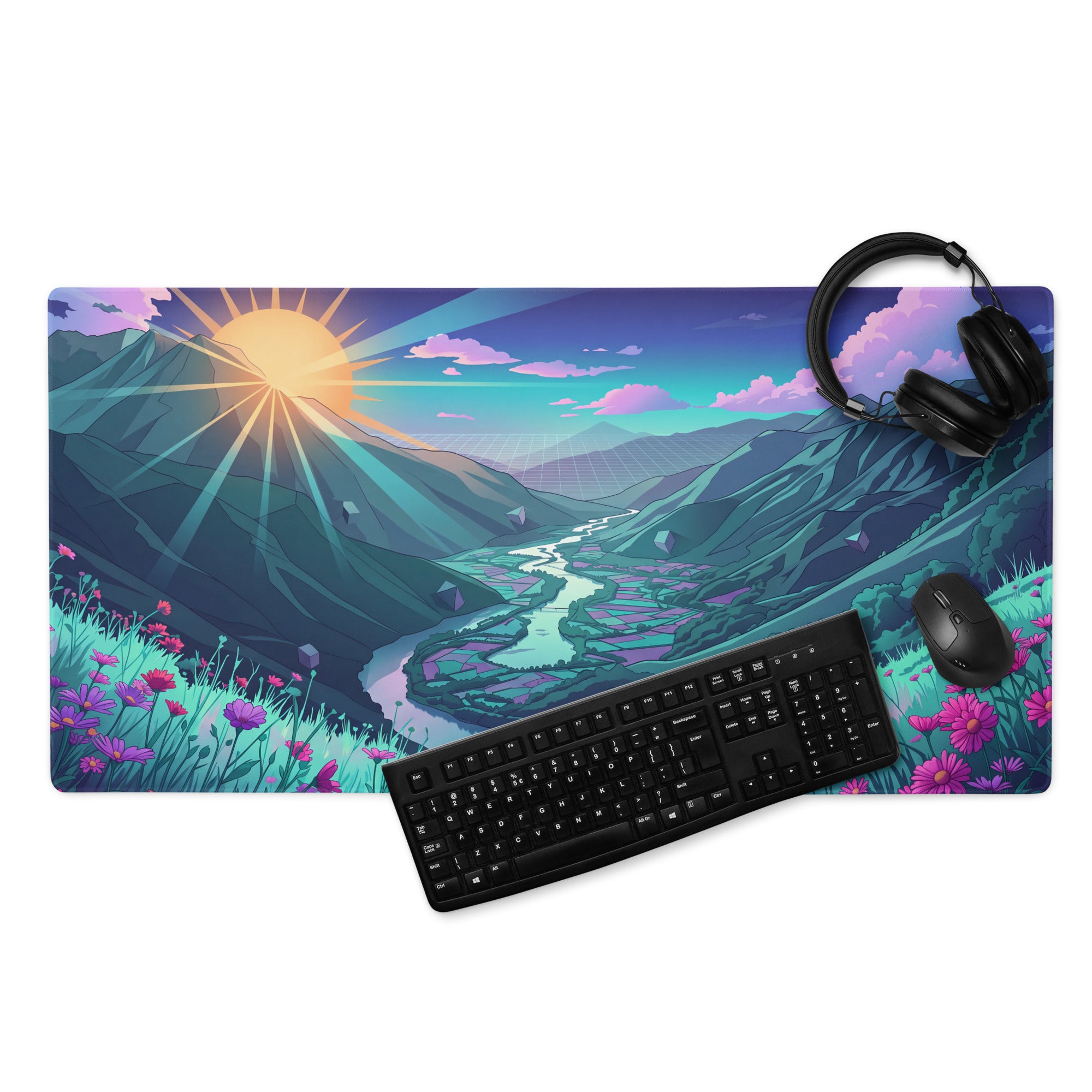 Vaporwave Mountain Mouse Pad - Mouse Pad Purple Teal Sunset Retro Futurism Dreamy Neon Vaporwave Aesthetic Digital Art