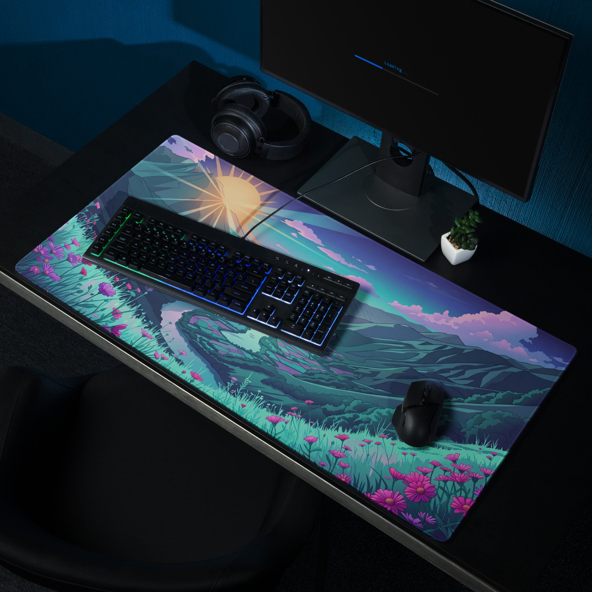 Vaporwave Mountain Mouse Pad - Mouse Pad Purple Teal Sunset Retro Futurism Dreamy Neon Vaporwave Aesthetic Digital Art
