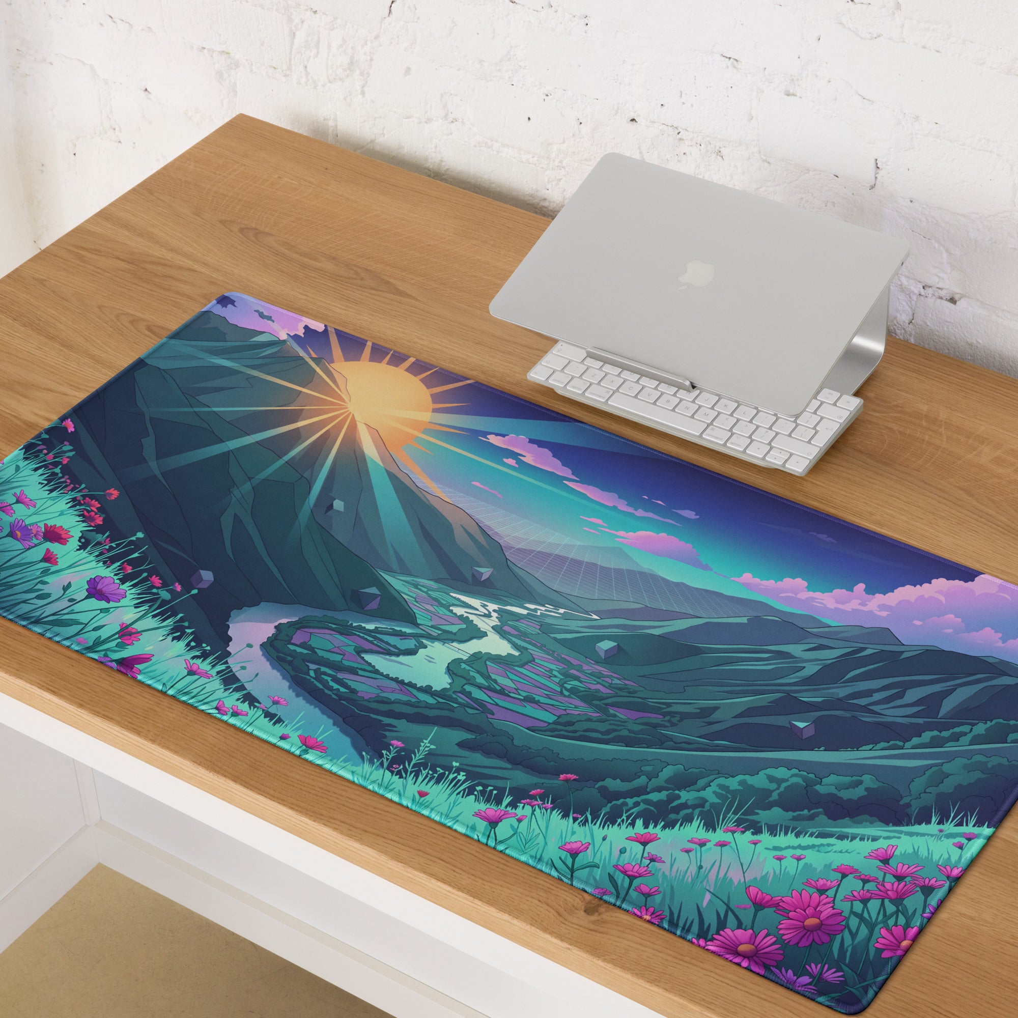 Vaporwave Mountain Mouse Pad - Mouse Pad Purple Teal Sunset Retro Futurism Dreamy Neon Vaporwave Aesthetic Digital Art