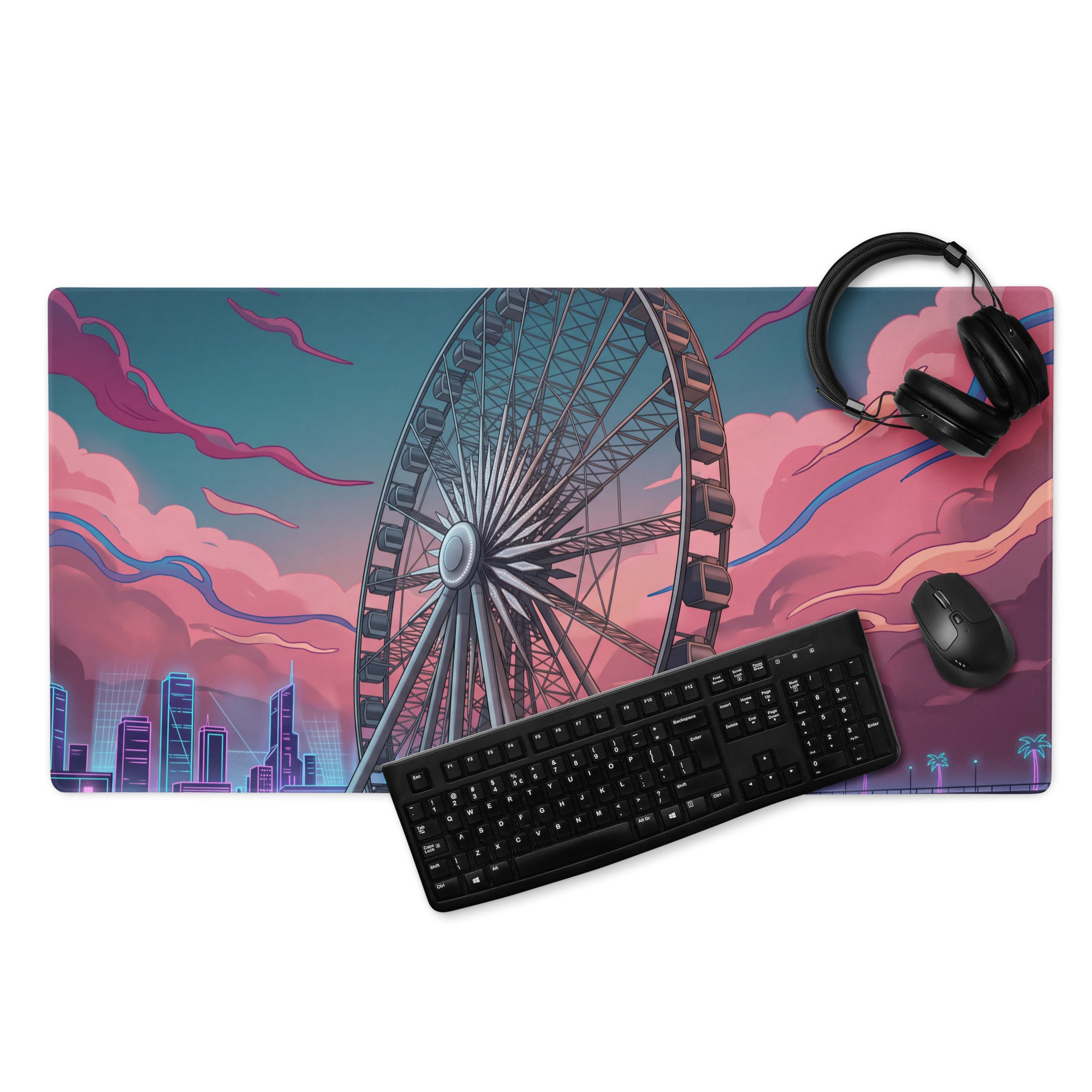 Vaporwave Neon Ferris Wheel Mouse Pad - Ferris Wheel Neon Pink Blue Vaporwave Neon Dream Vaporwave Desk Pad Digital Art