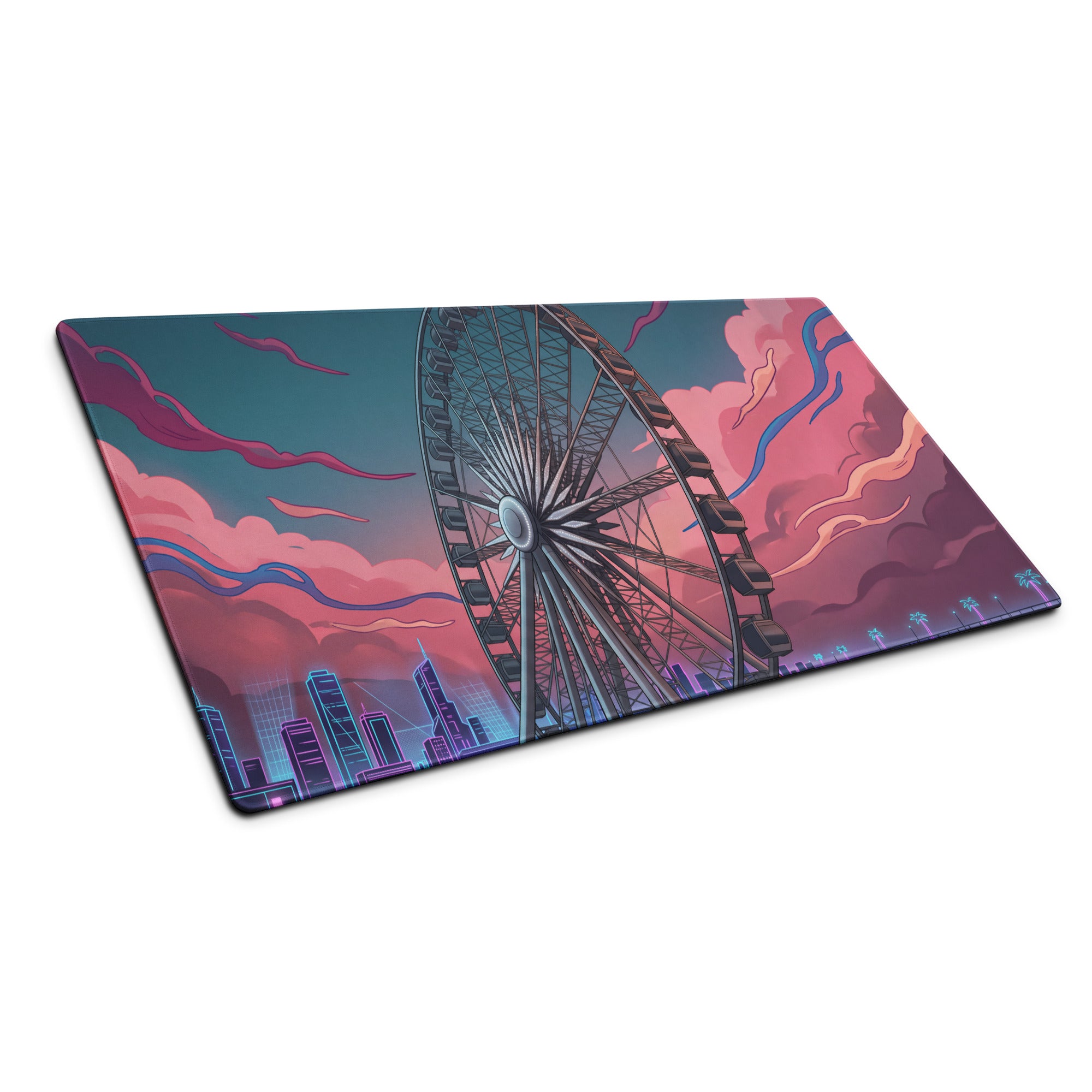 Vaporwave Neon Ferris Wheel Mouse Pad - Ferris Wheel Neon Pink Blue Vaporwave Neon Dream Vaporwave Desk Pad Digital Art