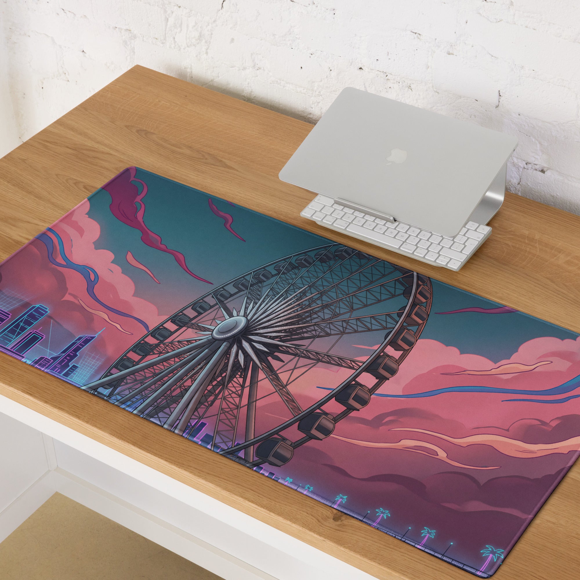 Vaporwave Neon Ferris Wheel Mouse Pad - Ferris Wheel Neon Pink Blue Vaporwave Neon Dream Vaporwave Desk Pad Digital Art