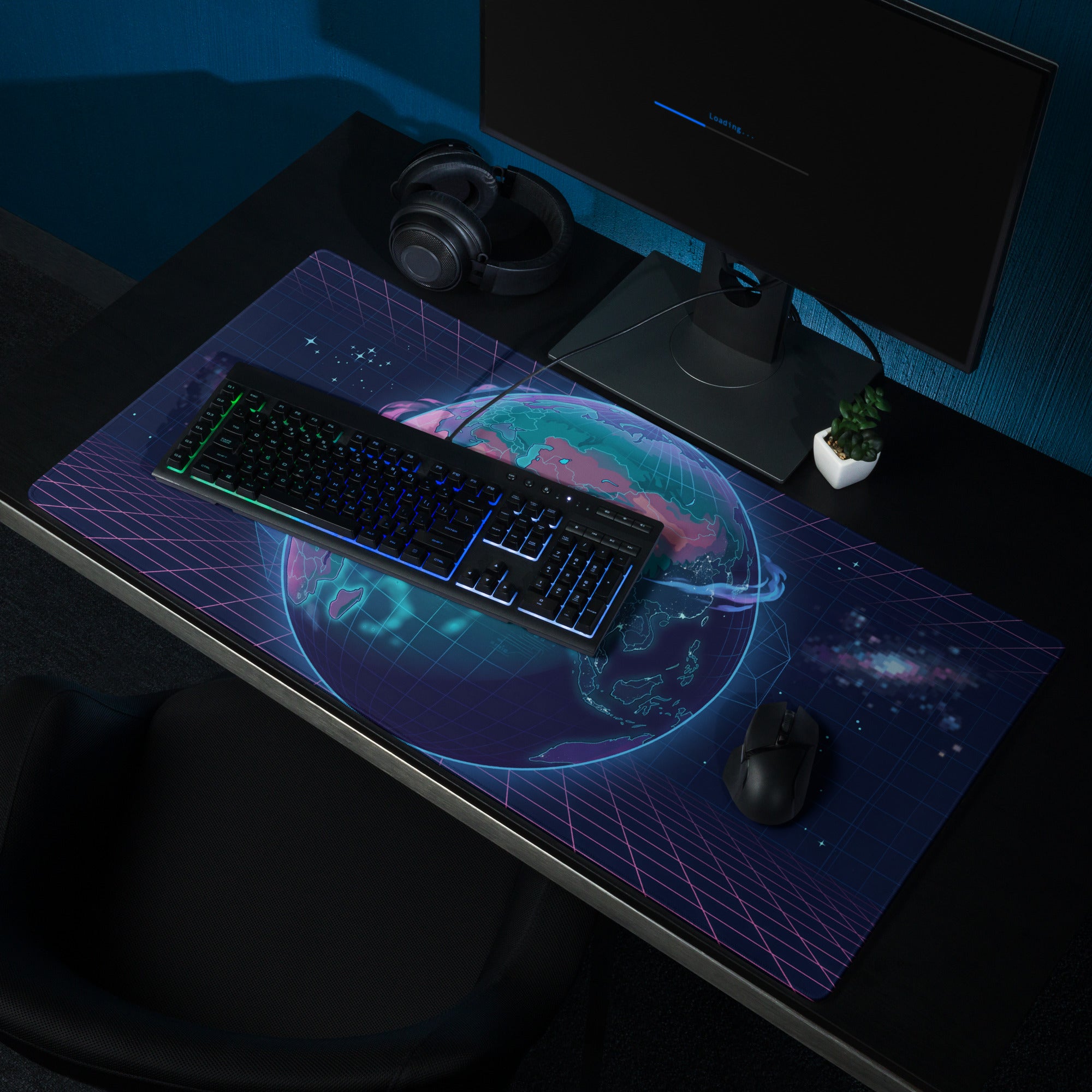 Vaporwave Globe Gaming Pad - Gaming Mouse Pad Neon Blue Desk Vaporwave Futurism Moody Neon Aesthetic Digital Art