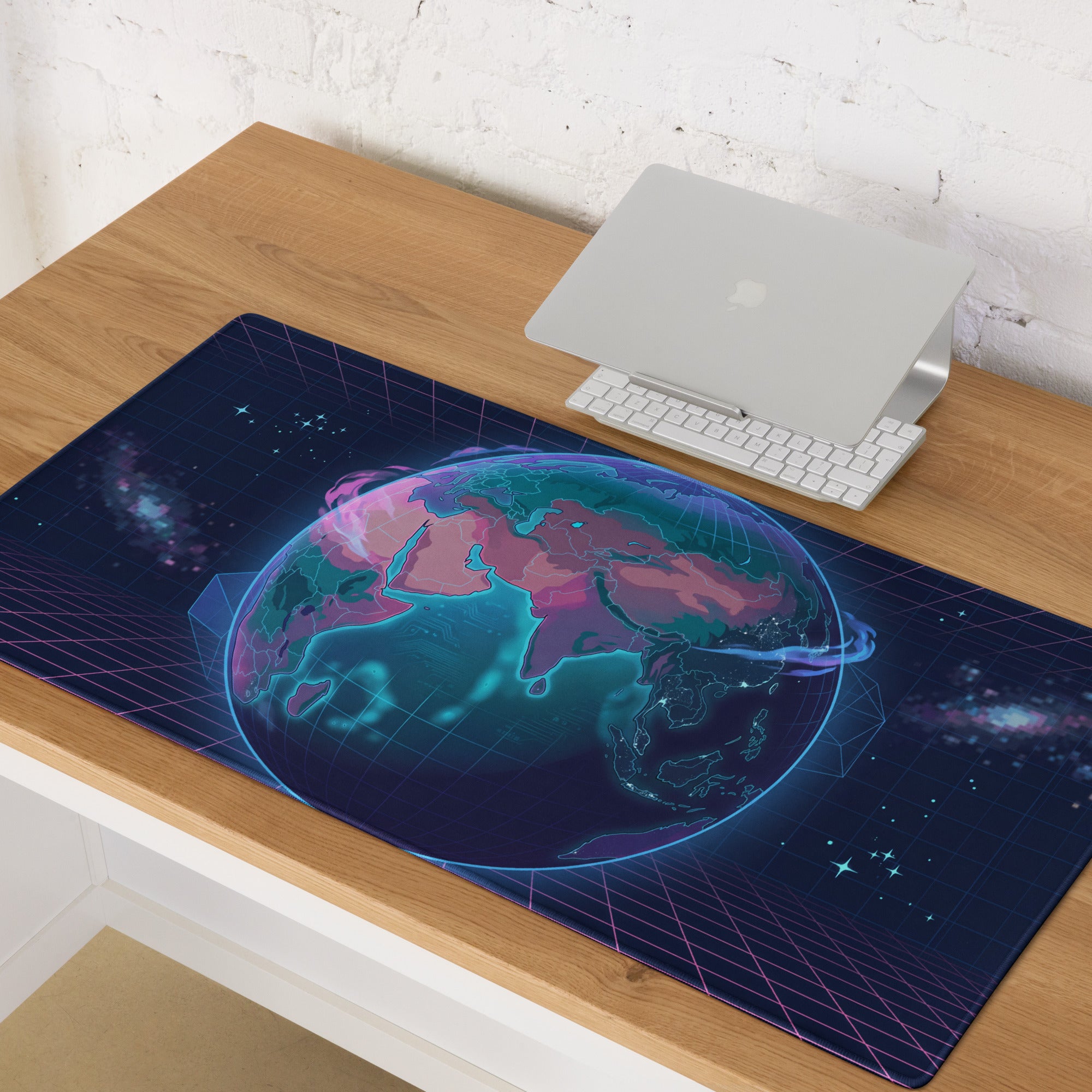 Vaporwave Globe Gaming Pad - Gaming Mouse Pad Neon Blue Desk Vaporwave Futurism Moody Neon Aesthetic Digital Art