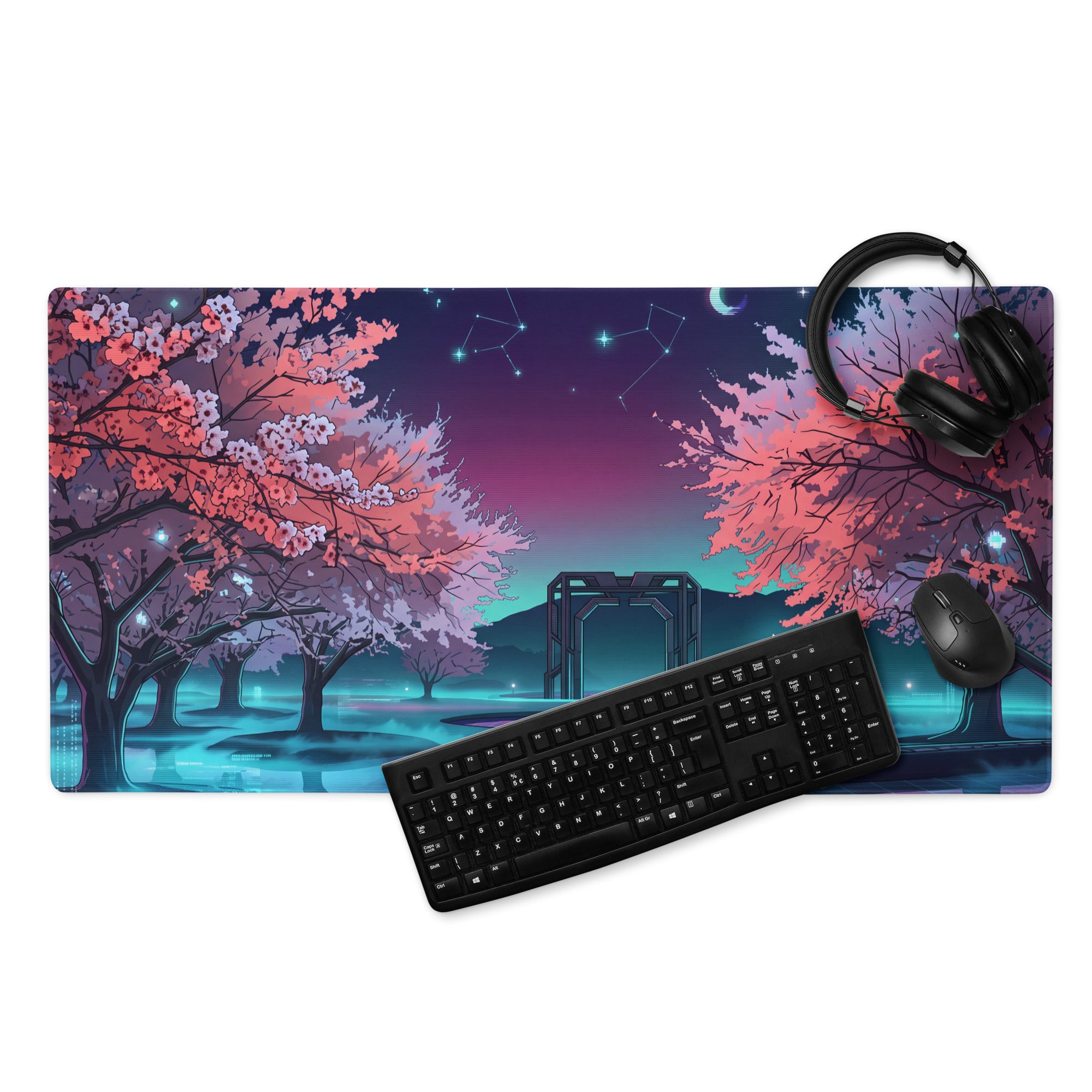 Vaporwave Cherry Blossom Pad - Mouse Pad Pink Purple Blue Vaporwave Desk Dreamy Neon Dreamscape Retro Futurism Gaming Desk