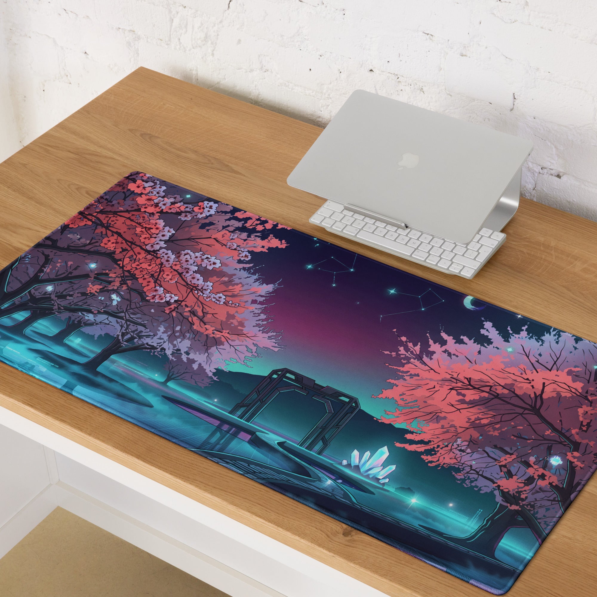 Vaporwave Cherry Blossom Pad - Mouse Pad Pink Purple Blue Vaporwave Desk Dreamy Neon Dreamscape Retro Futurism Gaming Desk