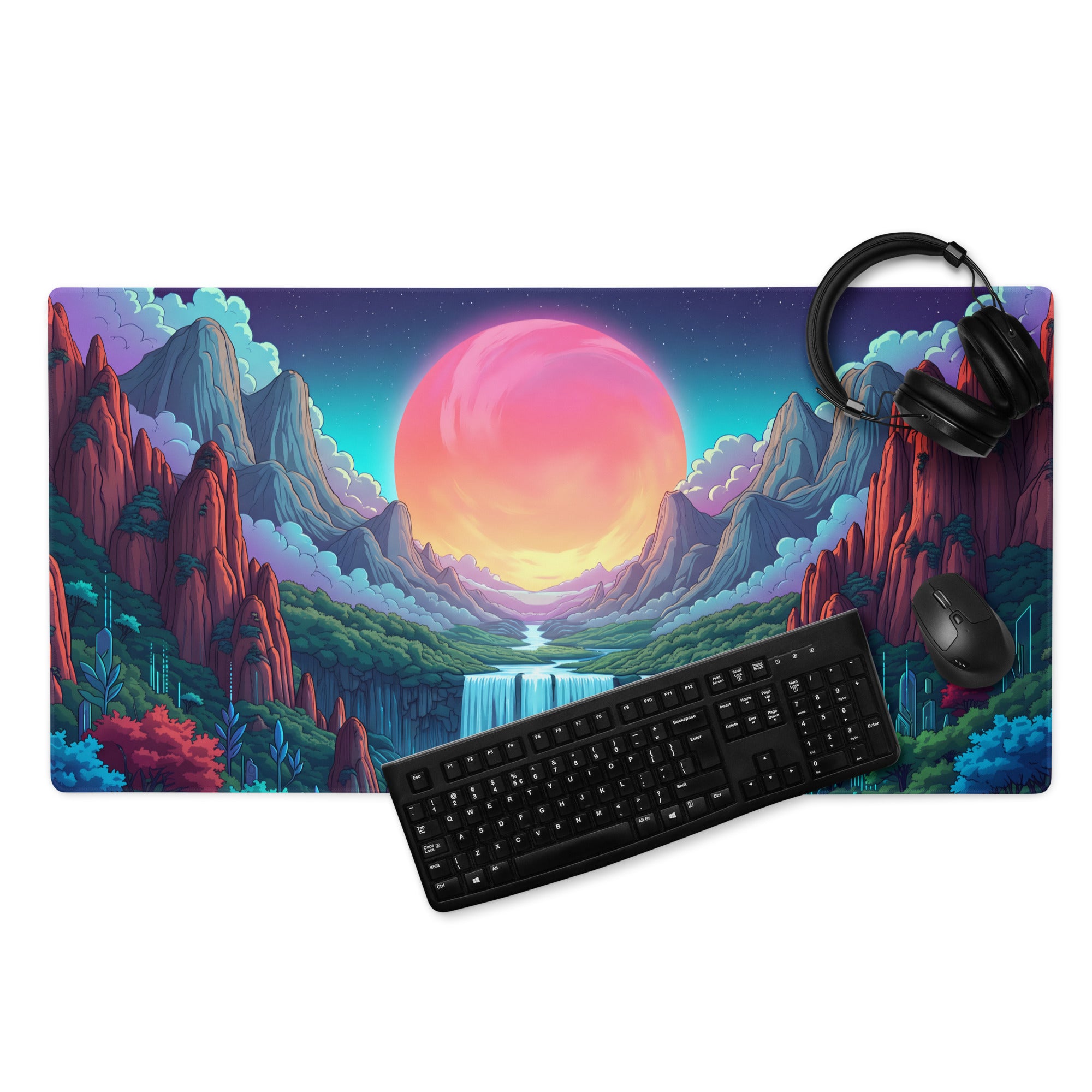 Vaporwave Neon Mountain Mouse Pad - Gaming Mouse Pad Pink Purple Turquoise Desktop Dreamy Vaporwave Landscape Digital Art