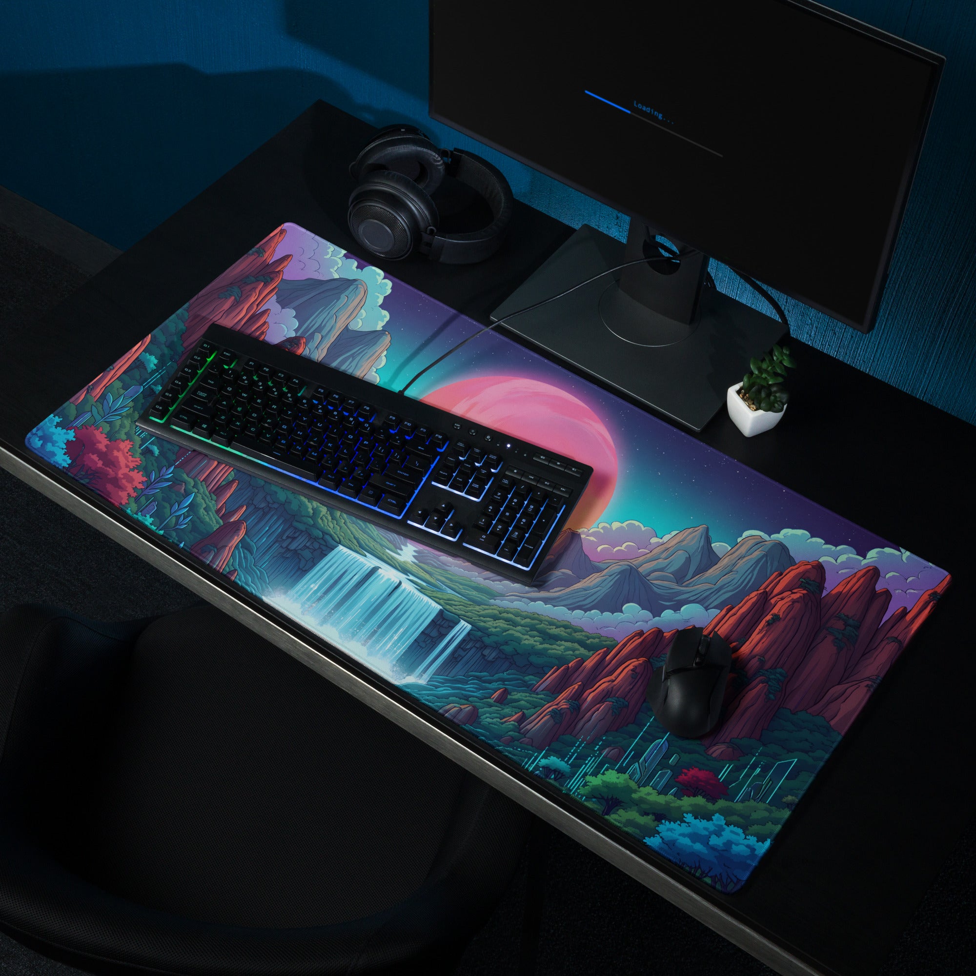 Vaporwave Neon Mountain Mouse Pad - Gaming Mouse Pad Pink Purple Turquoise Desktop Dreamy Vaporwave Landscape Digital Art
