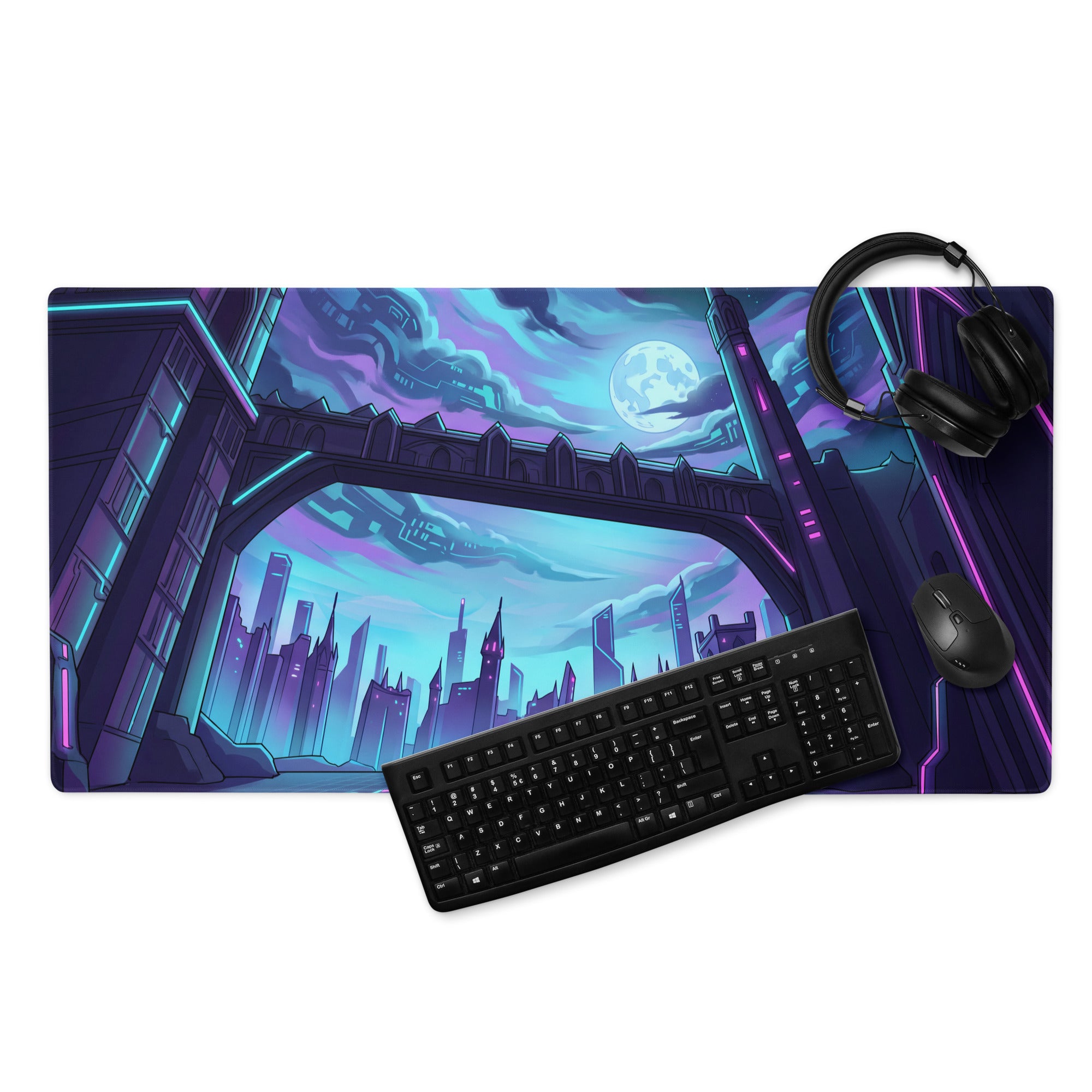 Neon Vaporwave Cityscape Mouse Pad - Cityscape Neon Purple Blue Desk Pad Vaporwave Mood Futuristic Glow
