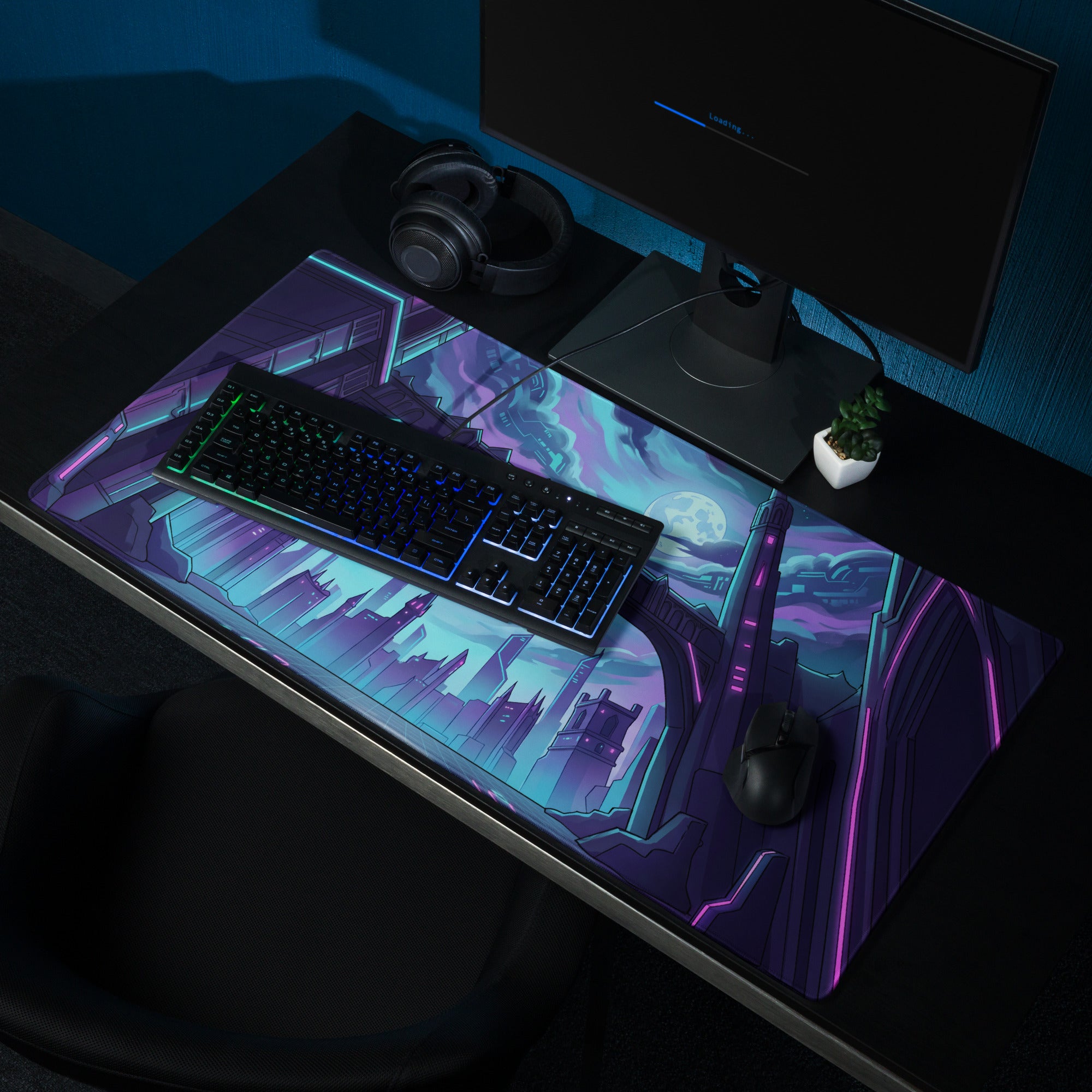 Neon Vaporwave Cityscape Mouse Pad - Cityscape Neon Purple Blue Desk Pad Vaporwave Mood Futuristic Glow