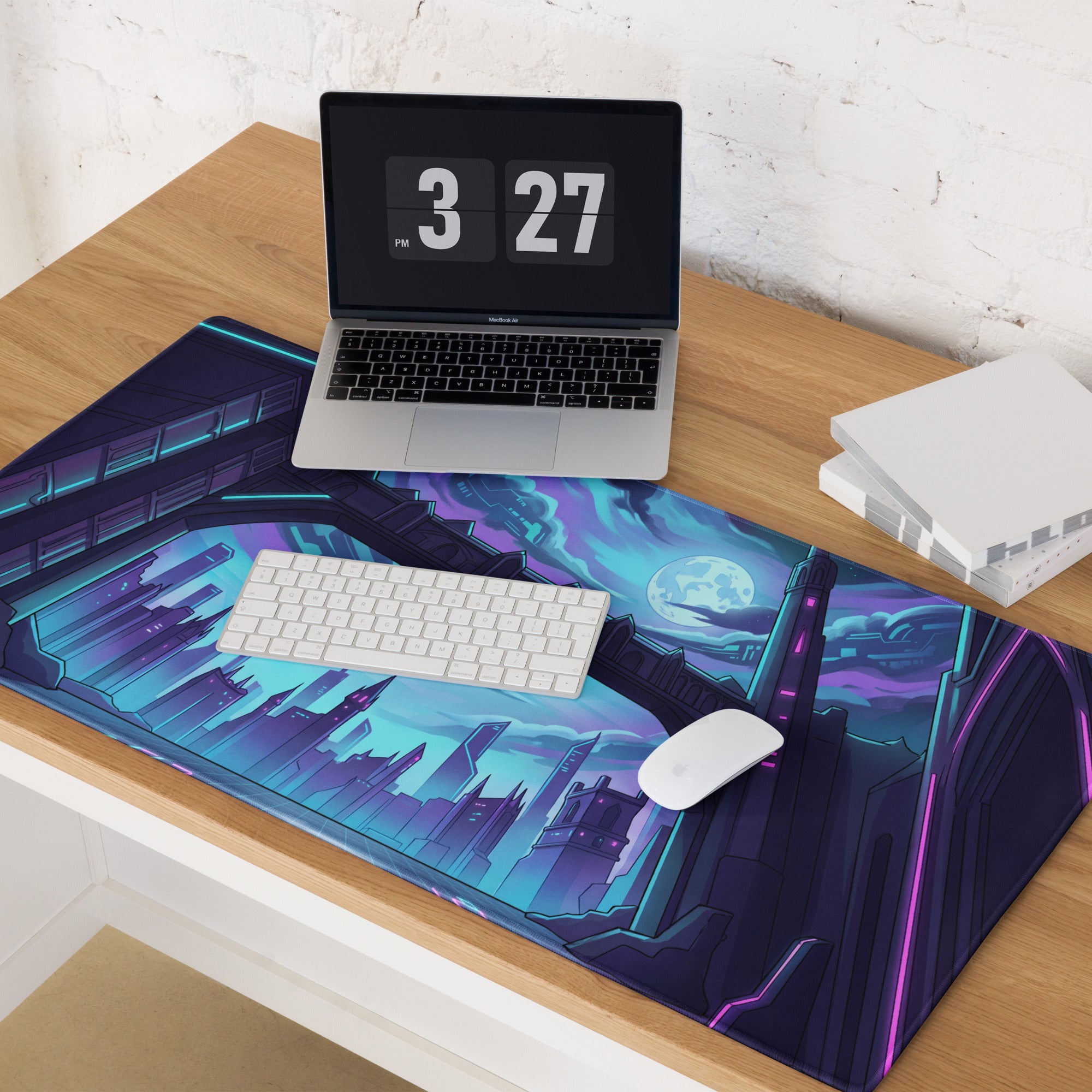 Neon Vaporwave Cityscape Mouse Pad - Cityscape Neon Purple Blue Desk Pad Vaporwave Mood Futuristic Glow