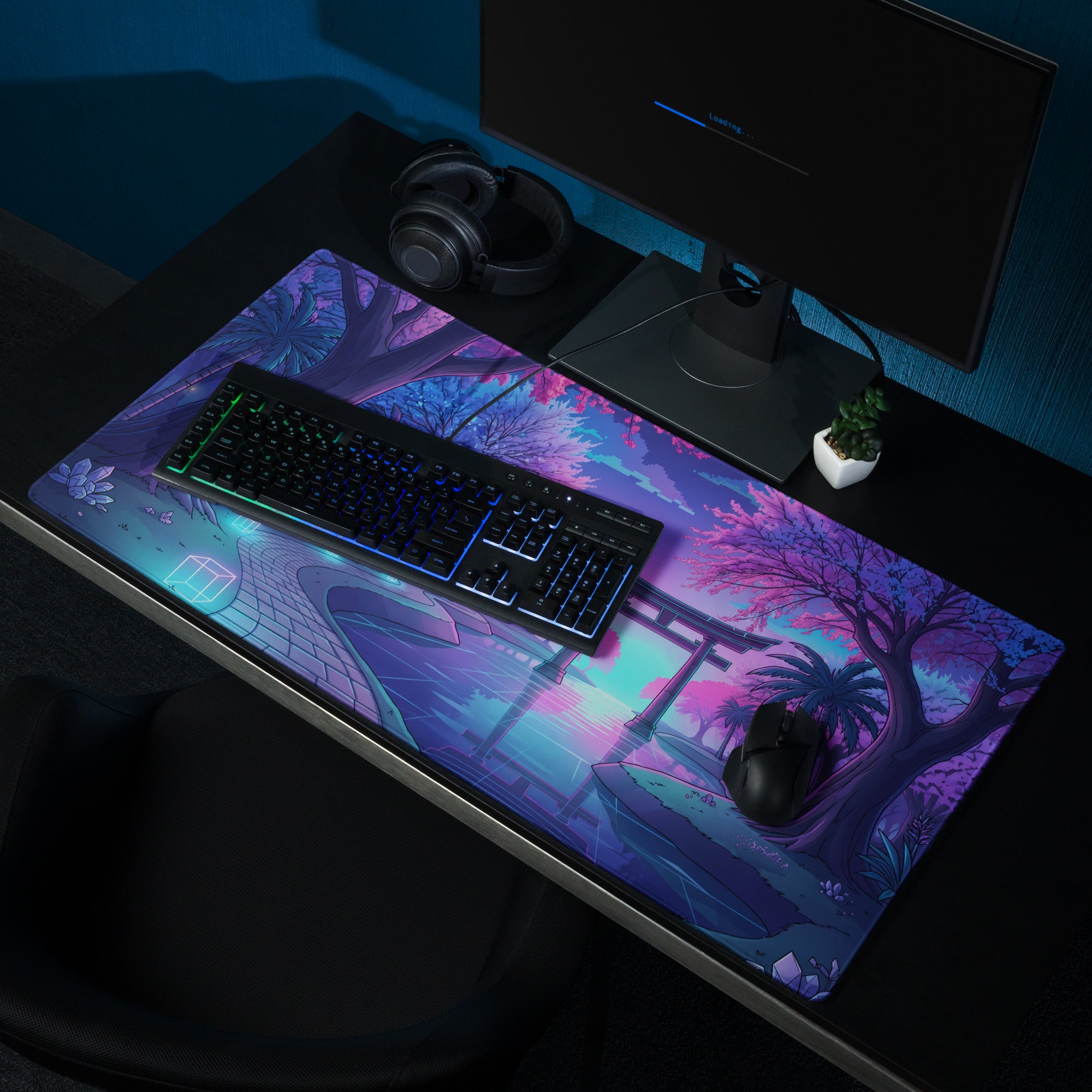 Vaporwave Nightscape Mouse Pad - Neon Pink Purple Blue Desktop Vaporwave Mood Futurism Decor Gaming Desk Mat Digital Art