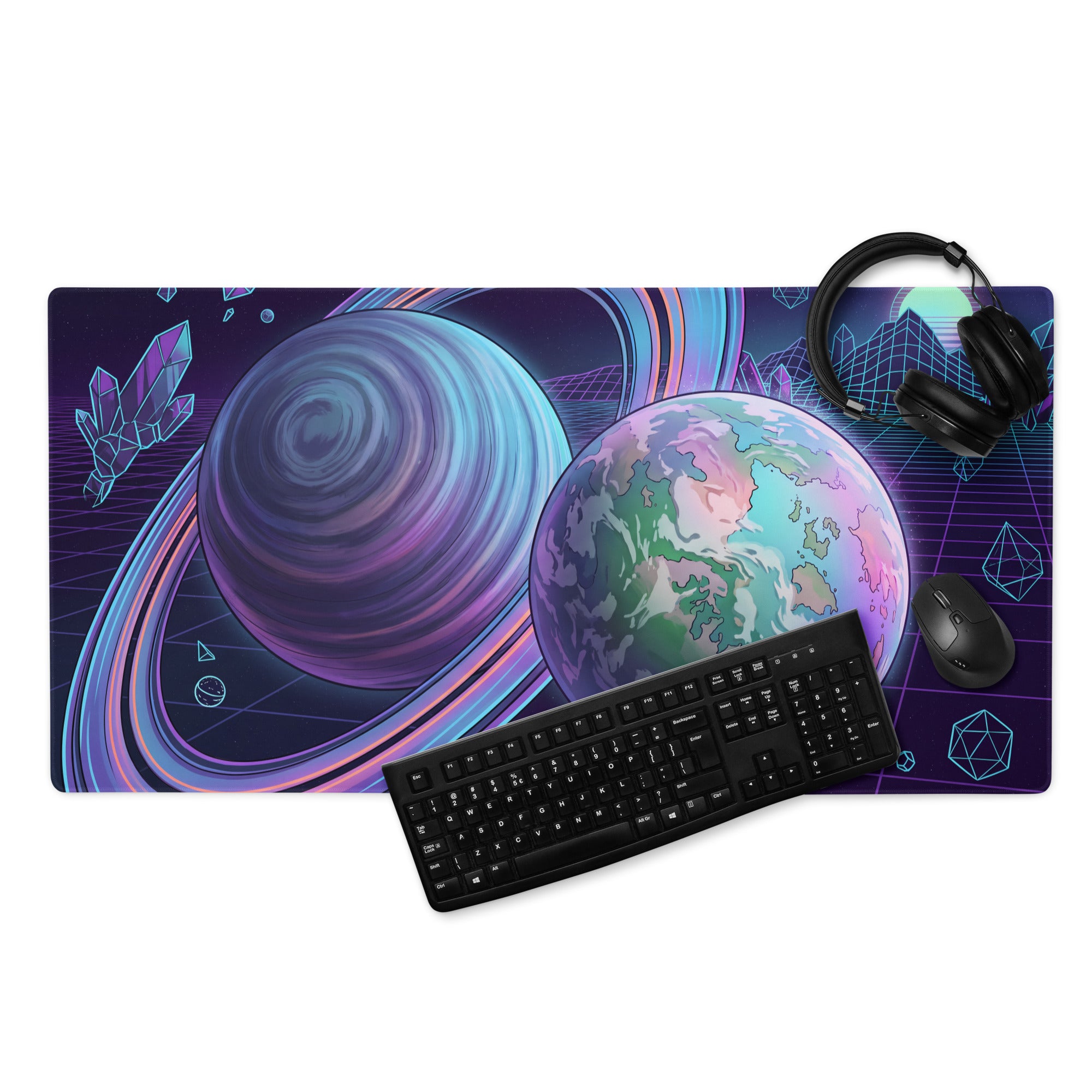 Vaporwave Planet Neon Mouse Pad - Planet Neon Purple Blue Pink Gaming Desk Vaporwave Dreamy Nostalgic Retro Synthwave Space Art Digital