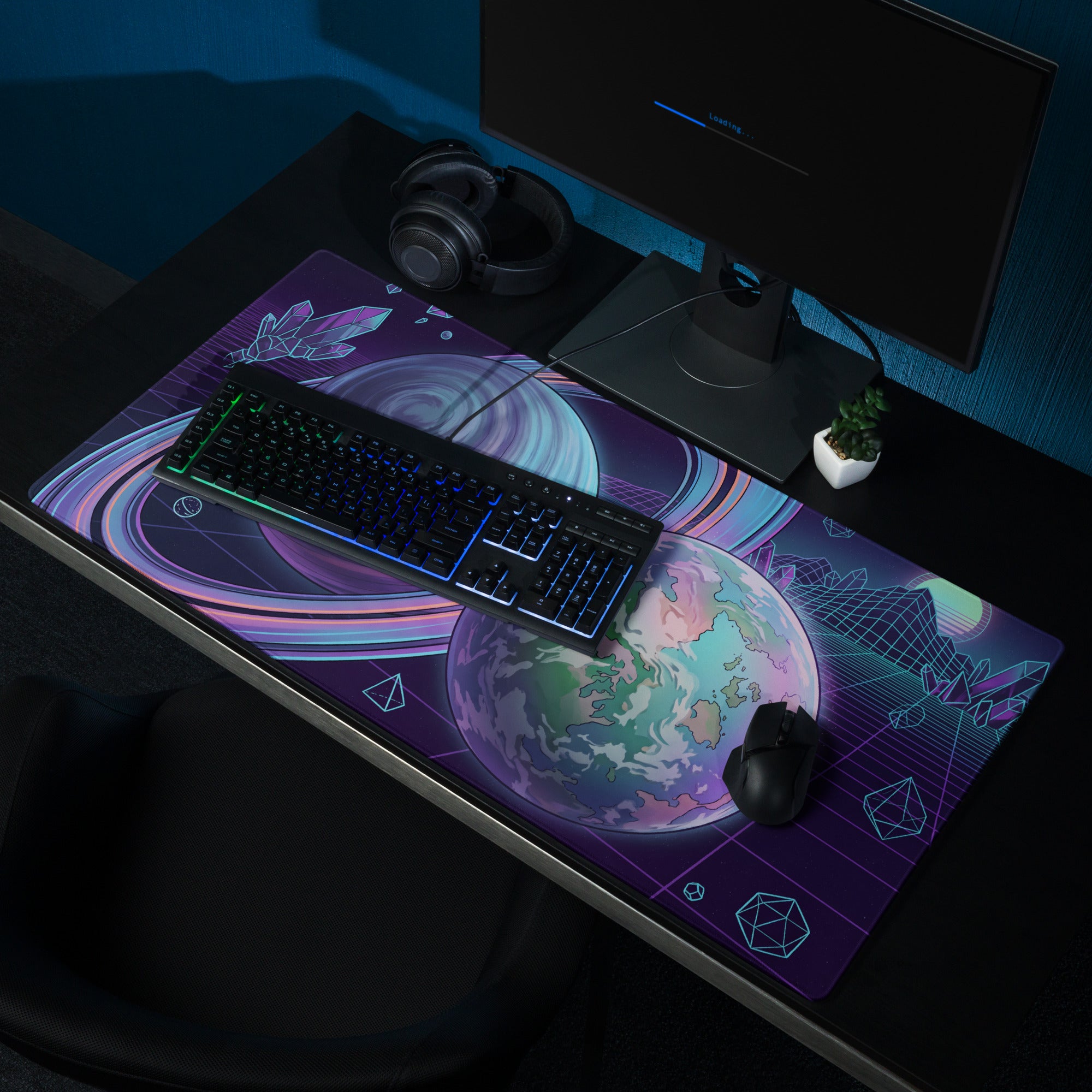 Vaporwave Planet Neon Mouse Pad - Planet Neon Purple Blue Pink Gaming Desk Vaporwave Dreamy Nostalgic Retro Synthwave Space Art Digital