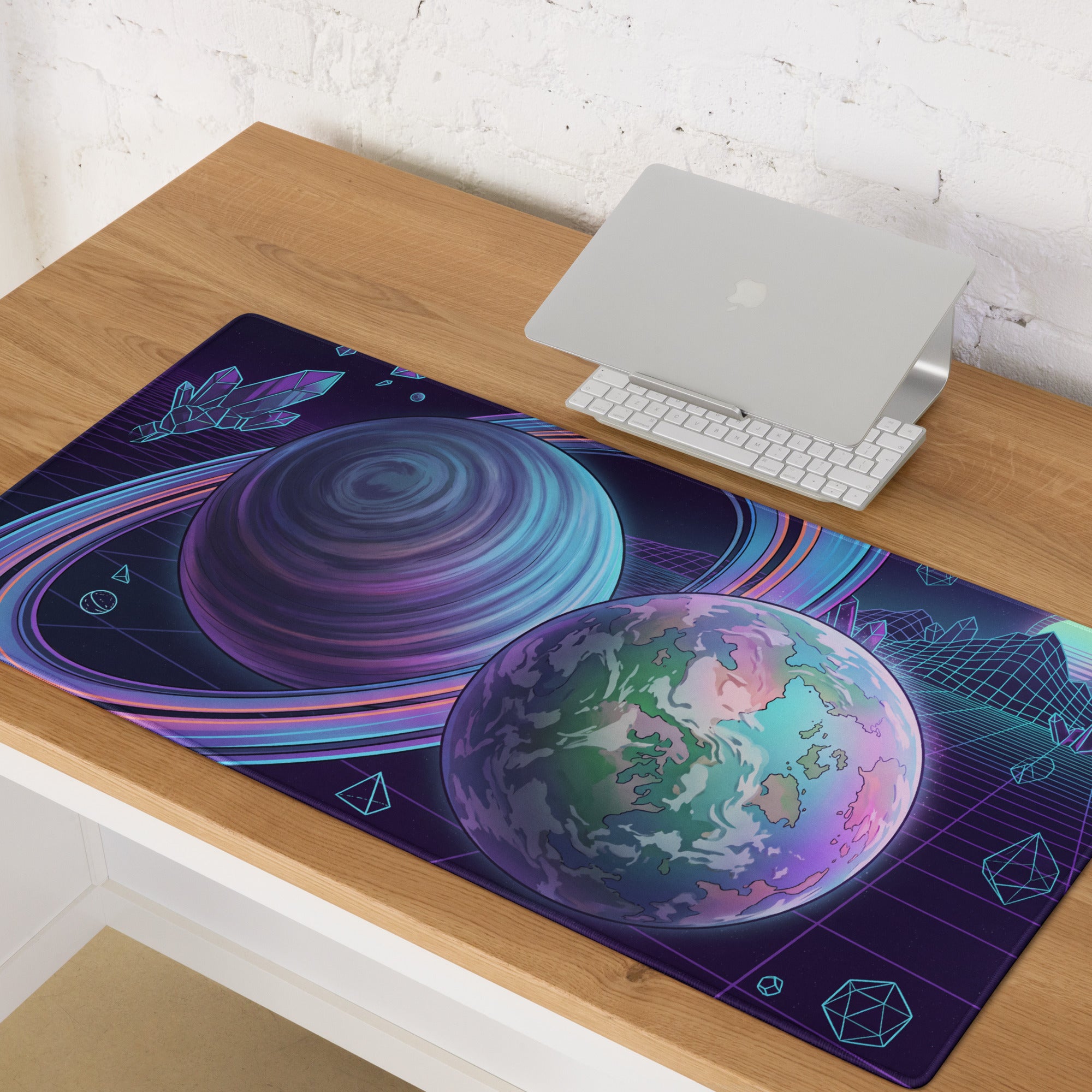 Vaporwave Planet Neon Mouse Pad - Planet Neon Purple Blue Pink Gaming Desk Vaporwave Dreamy Nostalgic Retro Synthwave Space Art Digital
