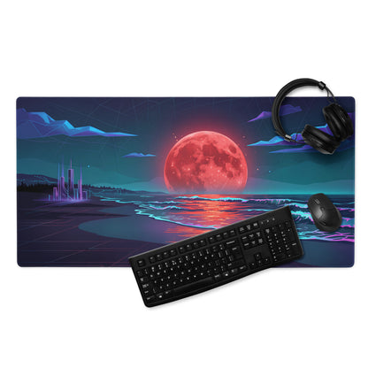 Vaporwave Moon Neon Desk Pad - Vaporwave Moon Neon Pink Purple Blue Desk Futuristic Dream Retro Gaming Setup Digital Art