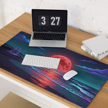Vaporwave Moon Neon Desk Pad - Vaporwave Moon Neon Pink Purple Blue Desk Futuristic Dream Retro Gaming Setup Digital Art