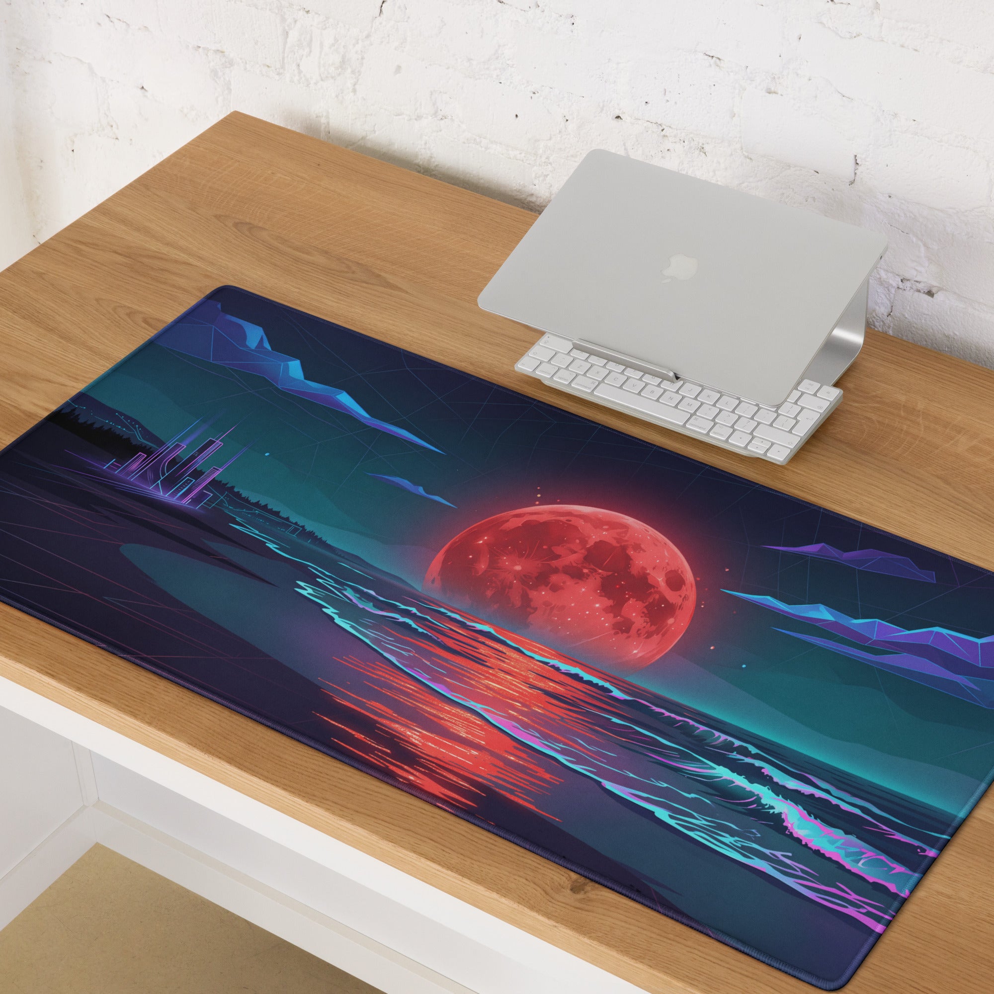 Vaporwave Moon Neon Desk Pad - Vaporwave Moon Neon Pink Purple Blue Desk Futuristic Dream Retro Gaming Setup Digital Art