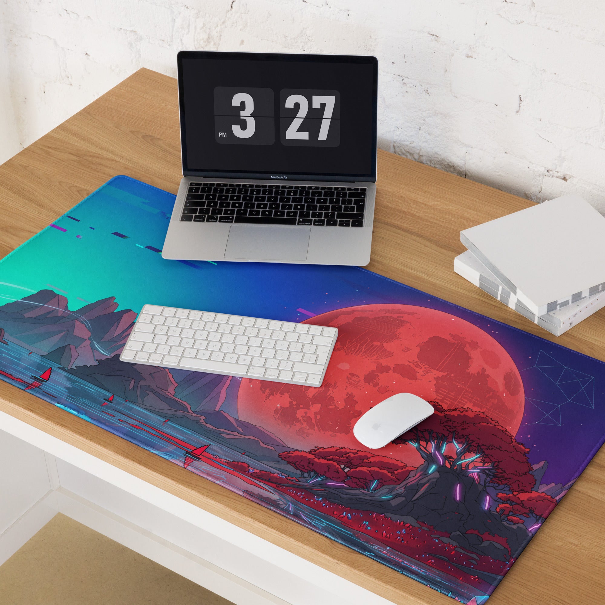 Vaporwave Neon Moon Mouse Pad - Mouse Pad Neon Pink Teal For Gaming Vaporwave Mood Neon Retro Niche Desk Mat Digital Art