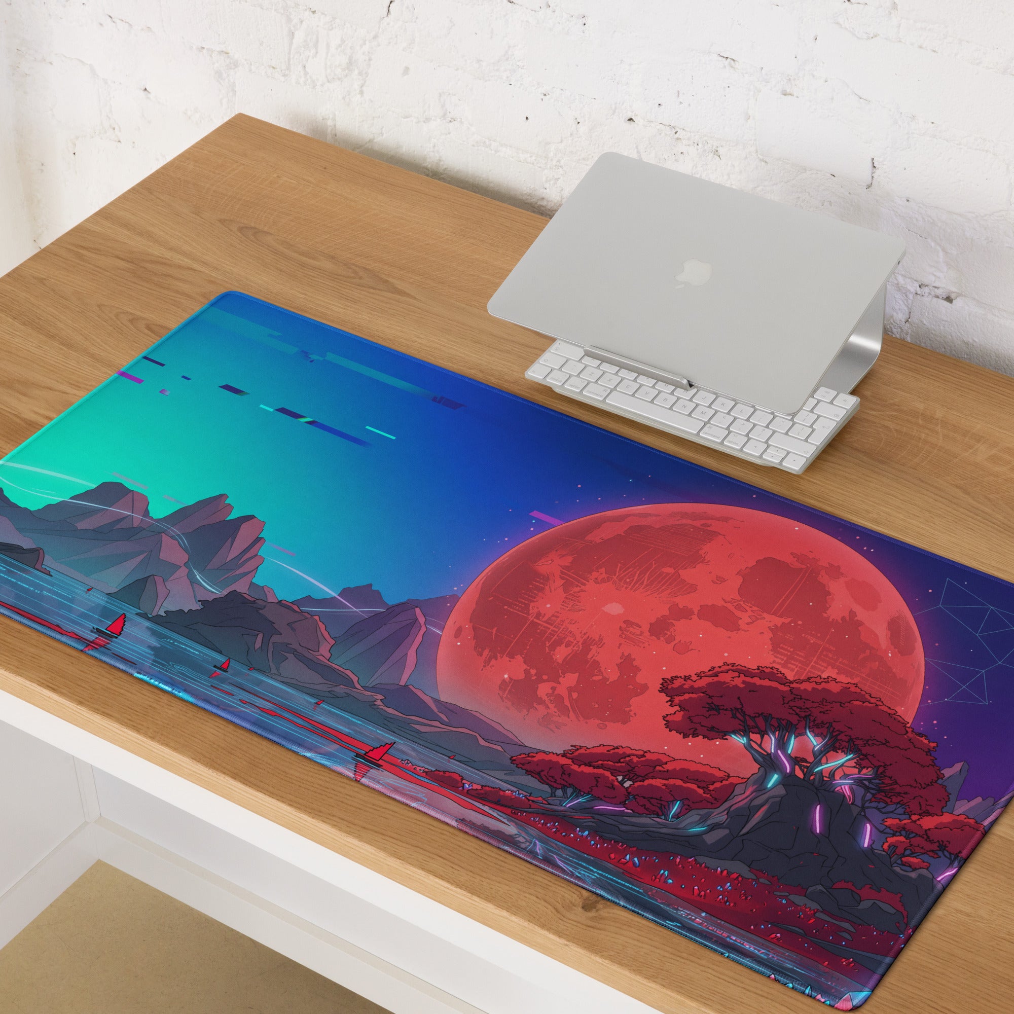 Vaporwave Neon Moon Mouse Pad - Mouse Pad Neon Pink Teal For Gaming Vaporwave Mood Neon Retro Niche Desk Mat Digital Art