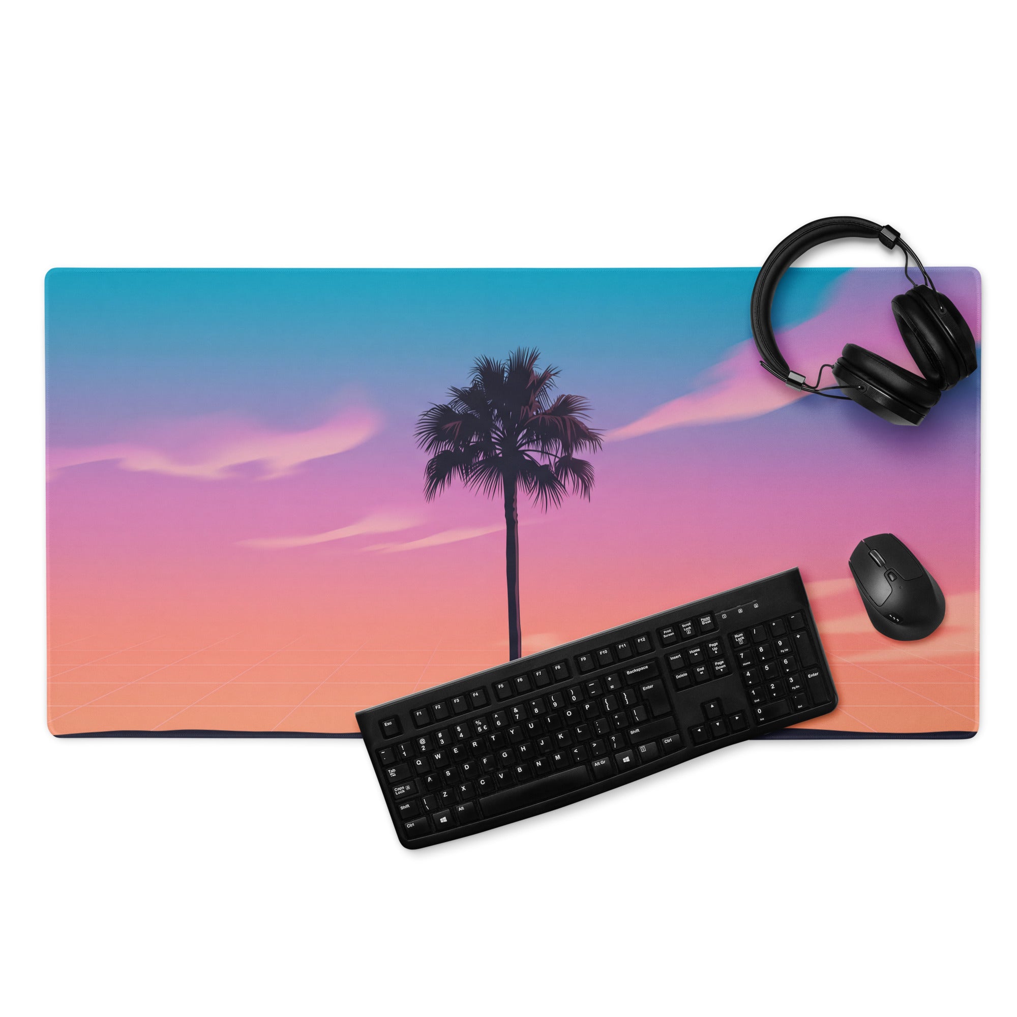 Vaporwave Sunset Palm Pad - Gaming Mouse Pad Blue Pink Purple Vaporwave Dreamy Neon Mood Retro Futurism Grid