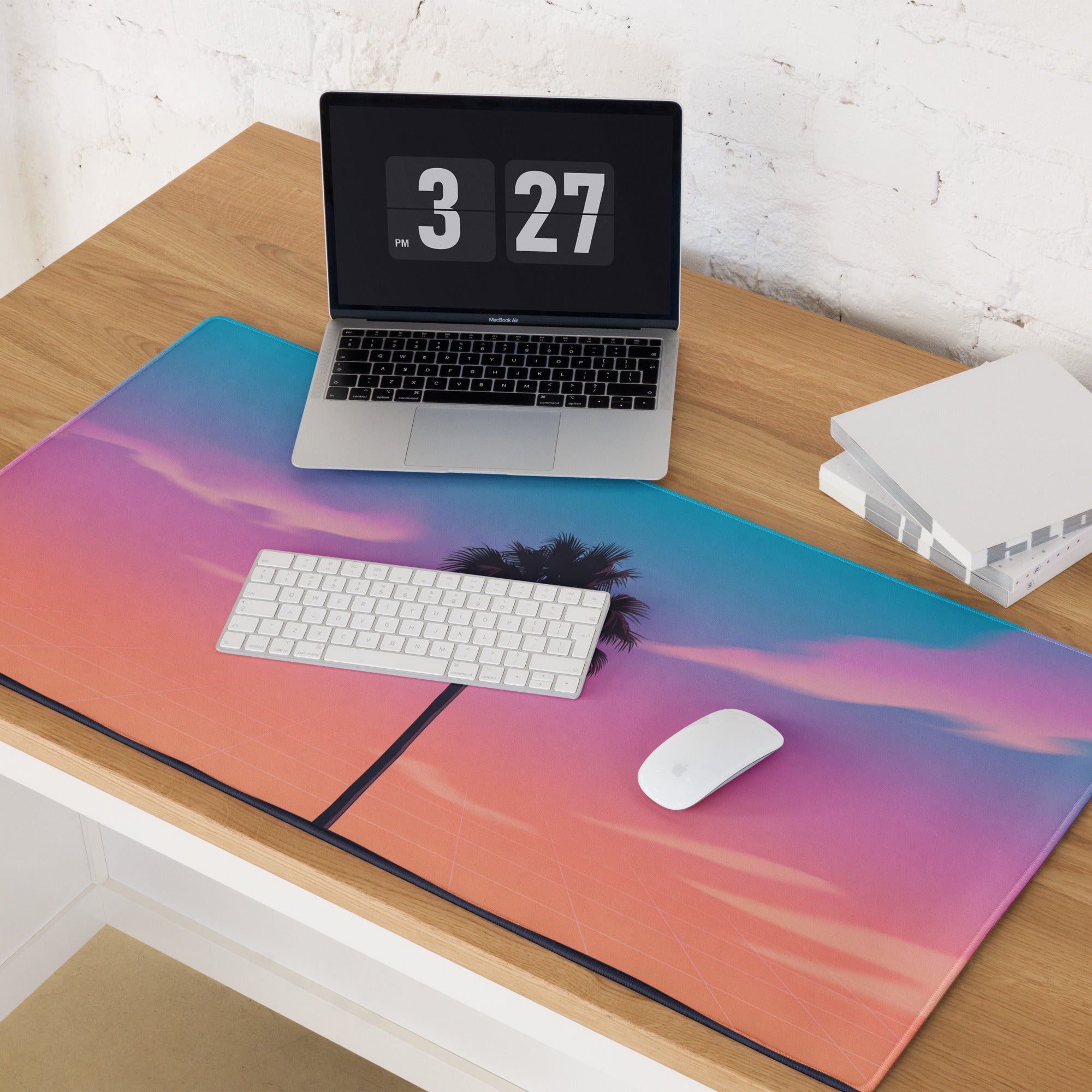 Vaporwave Sunset Palm Pad - Gaming Mouse Pad Blue Pink Purple Vaporwave Dreamy Neon Mood Retro Futurism Grid
