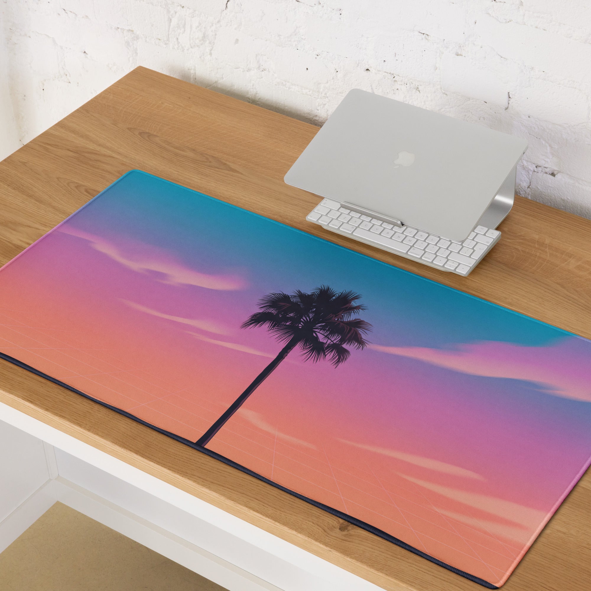 Vaporwave Sunset Palm Pad - Gaming Mouse Pad Blue Pink Purple Vaporwave Dreamy Neon Mood Retro Futurism Grid