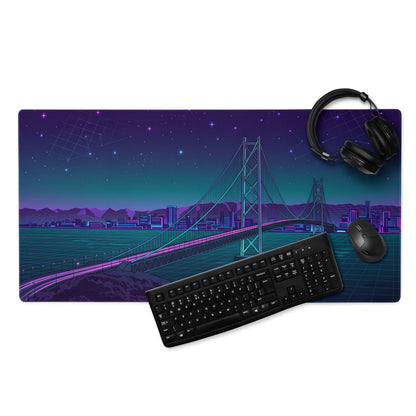 Vaporwave Bridge Neon Desk Pad - Bridge Cityscape Purple Teal Gaming Vaporwave Dreamy Mood Neon Decor Retro