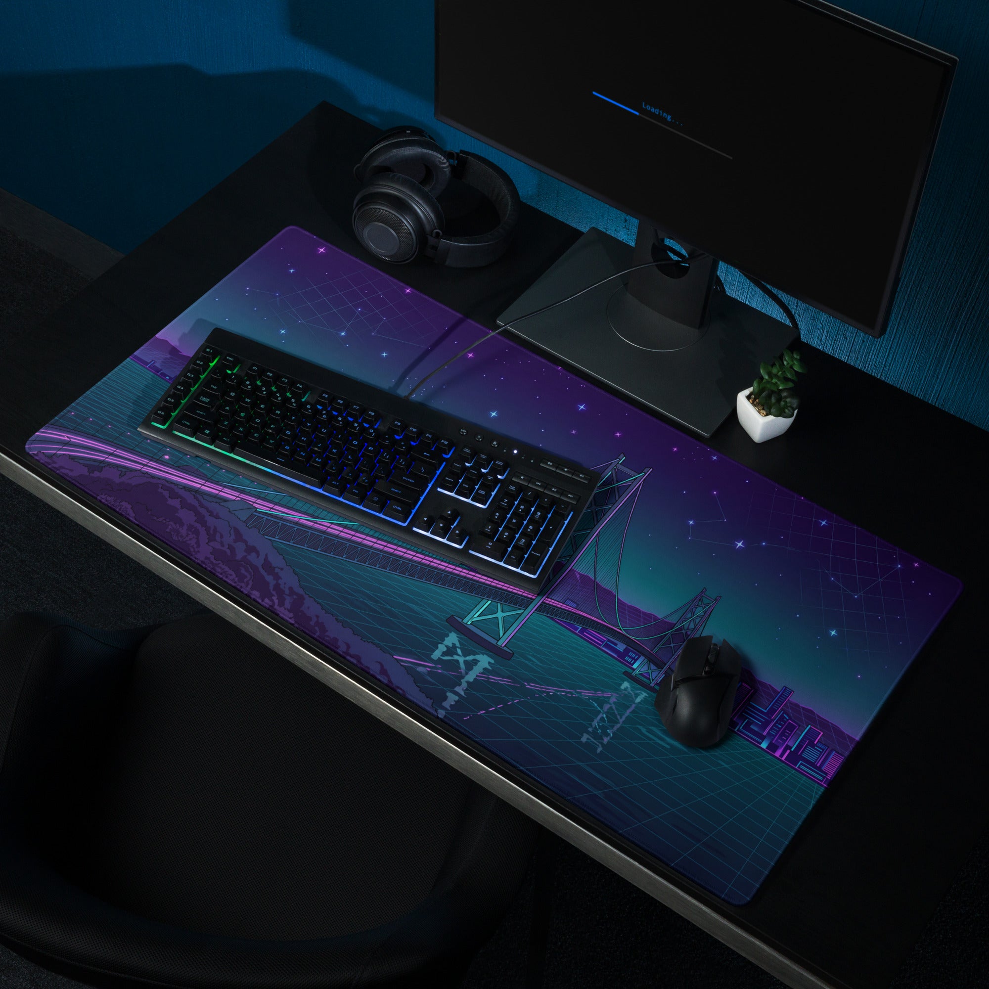 Vaporwave Bridge Neon Desk Pad - Bridge Cityscape Purple Teal Gaming Vaporwave Dreamy Mood Neon Decor Retro