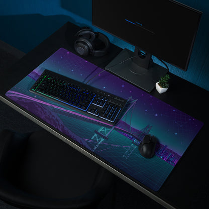 Vaporwave Bridge Neon Desk Pad - Bridge Cityscape Purple Teal Gaming Vaporwave Dreamy Mood Neon Decor Retro