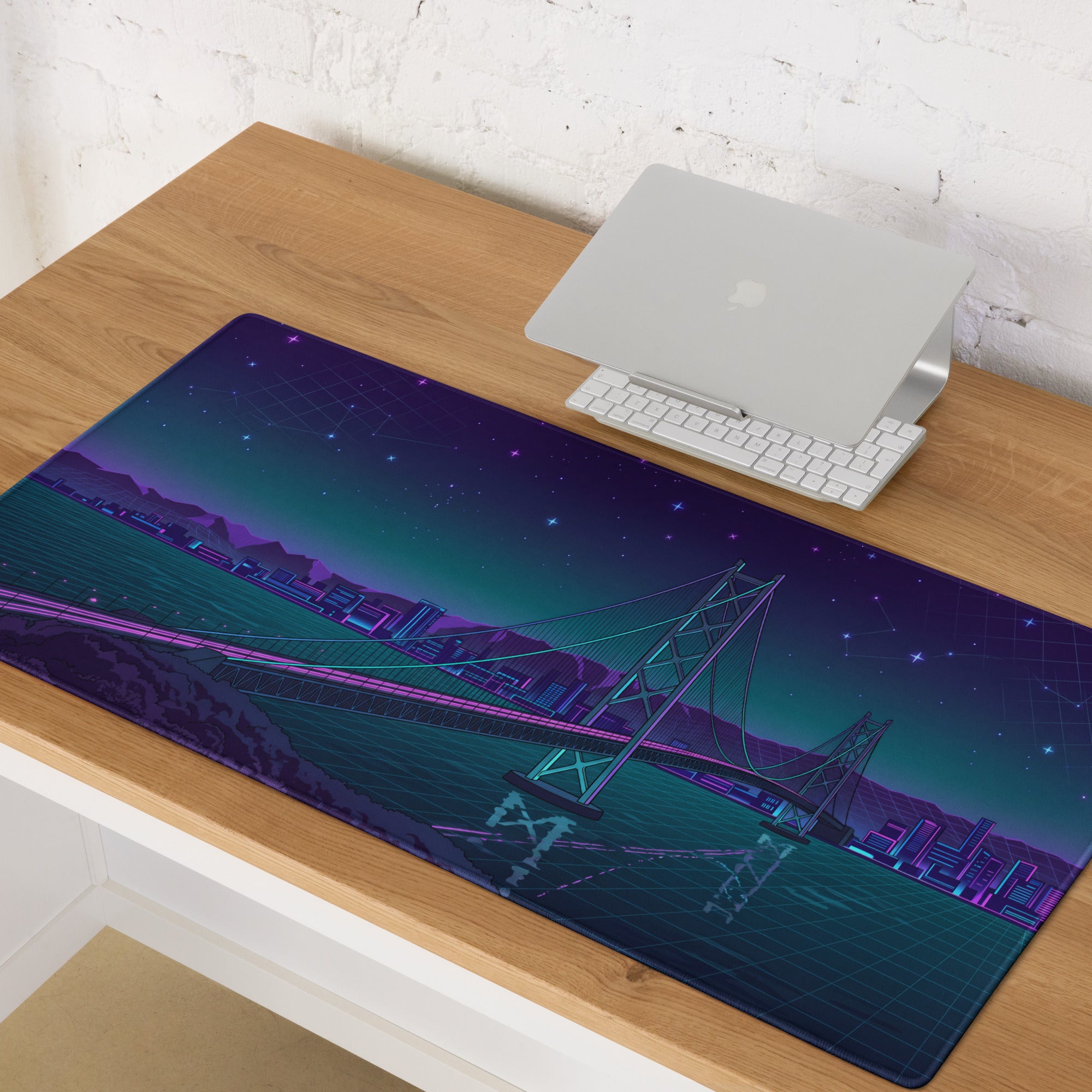 Vaporwave Bridge Neon Desk Pad - Bridge Cityscape Purple Teal Gaming Vaporwave Dreamy Mood Neon Decor Retro