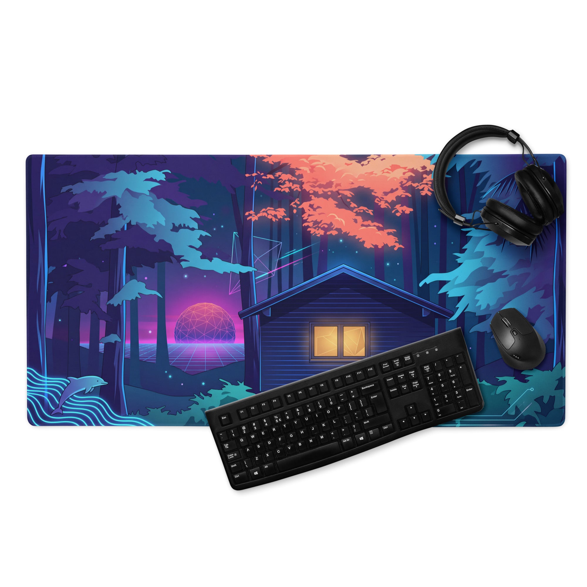 Vaporwave Night Desk Mat - Mouse Pad Neon Pink Blue Gaming Desk Vaporwave Dreamy Neon Mood Retro Decor Digital Art