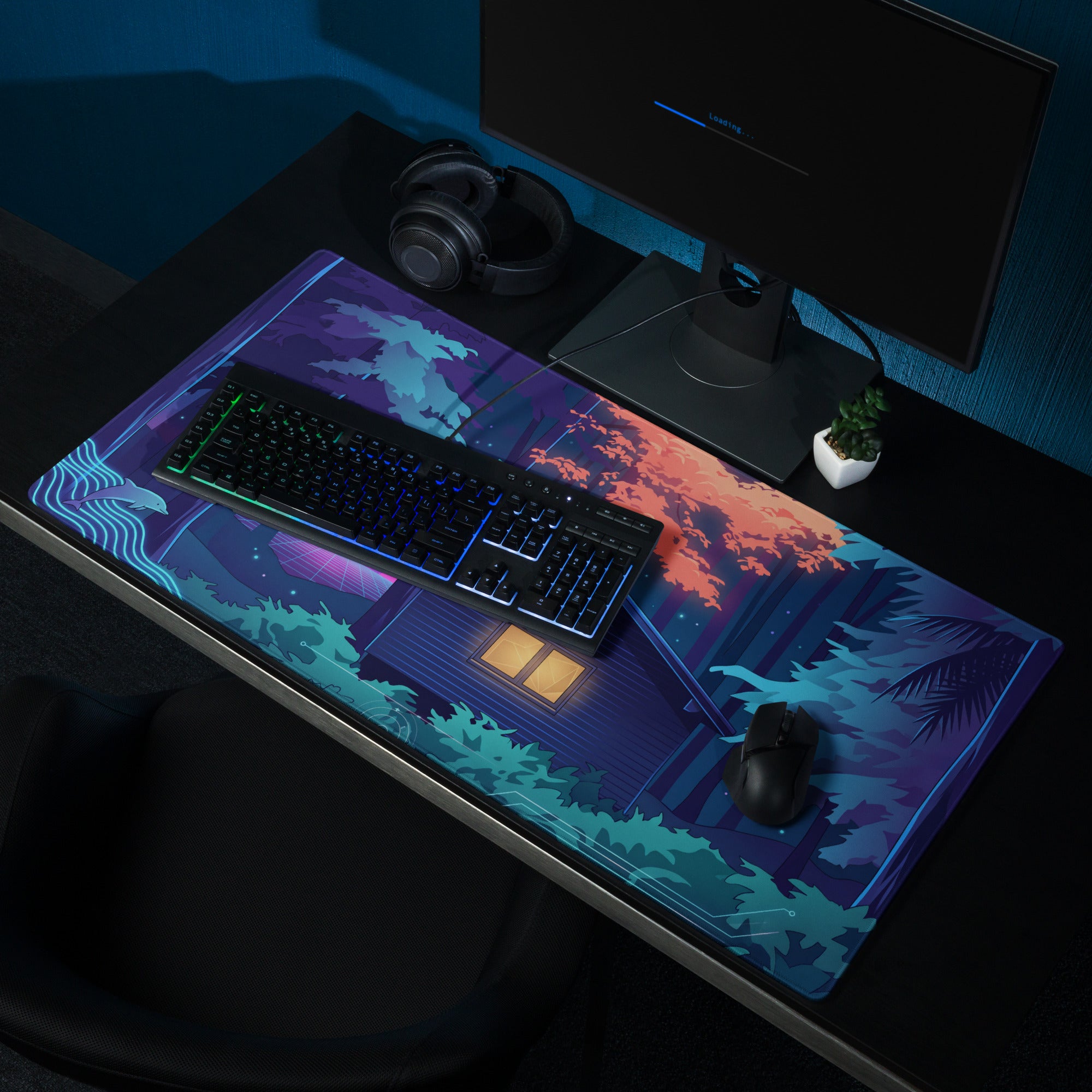 Vaporwave Night Desk Mat - Mouse Pad Neon Pink Blue Gaming Desk Vaporwave Dreamy Neon Mood Retro Decor Digital Art