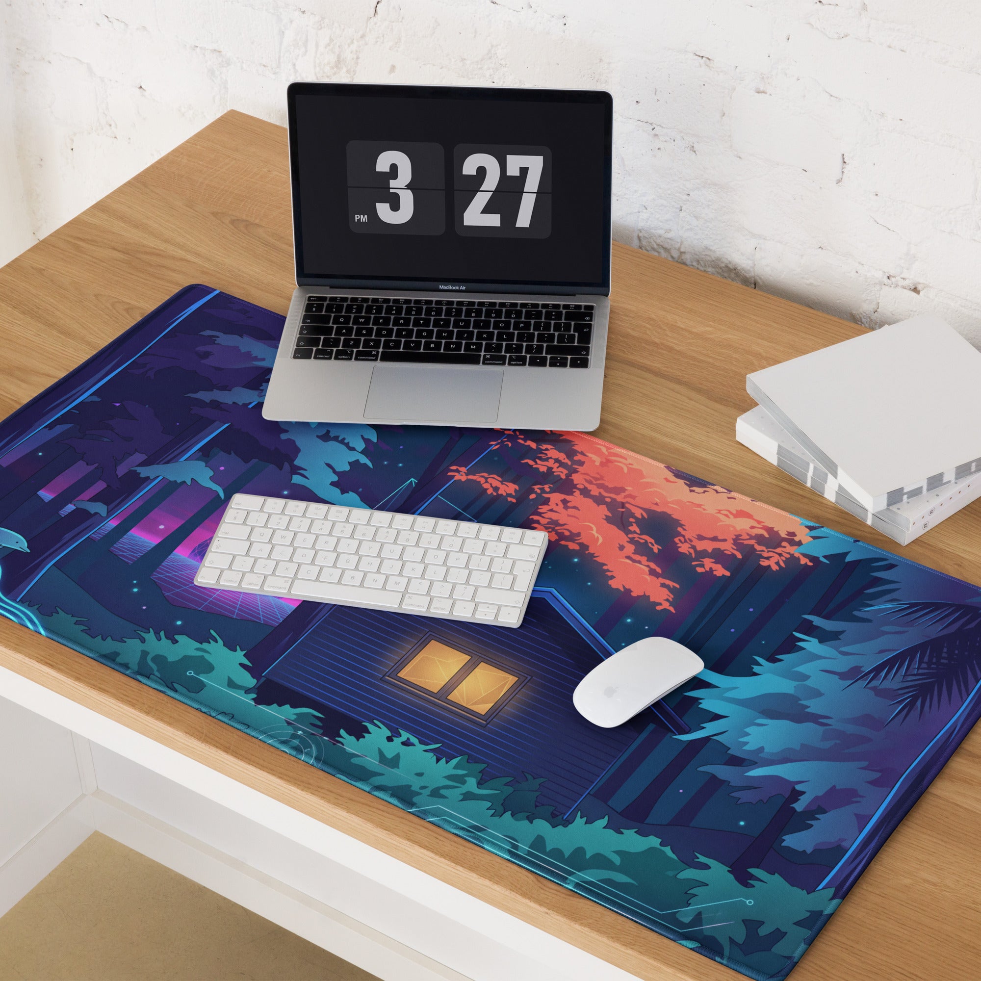 Vaporwave Night Desk Mat - Mouse Pad Neon Pink Blue Gaming Desk Vaporwave Dreamy Neon Mood Retro Decor Digital Art