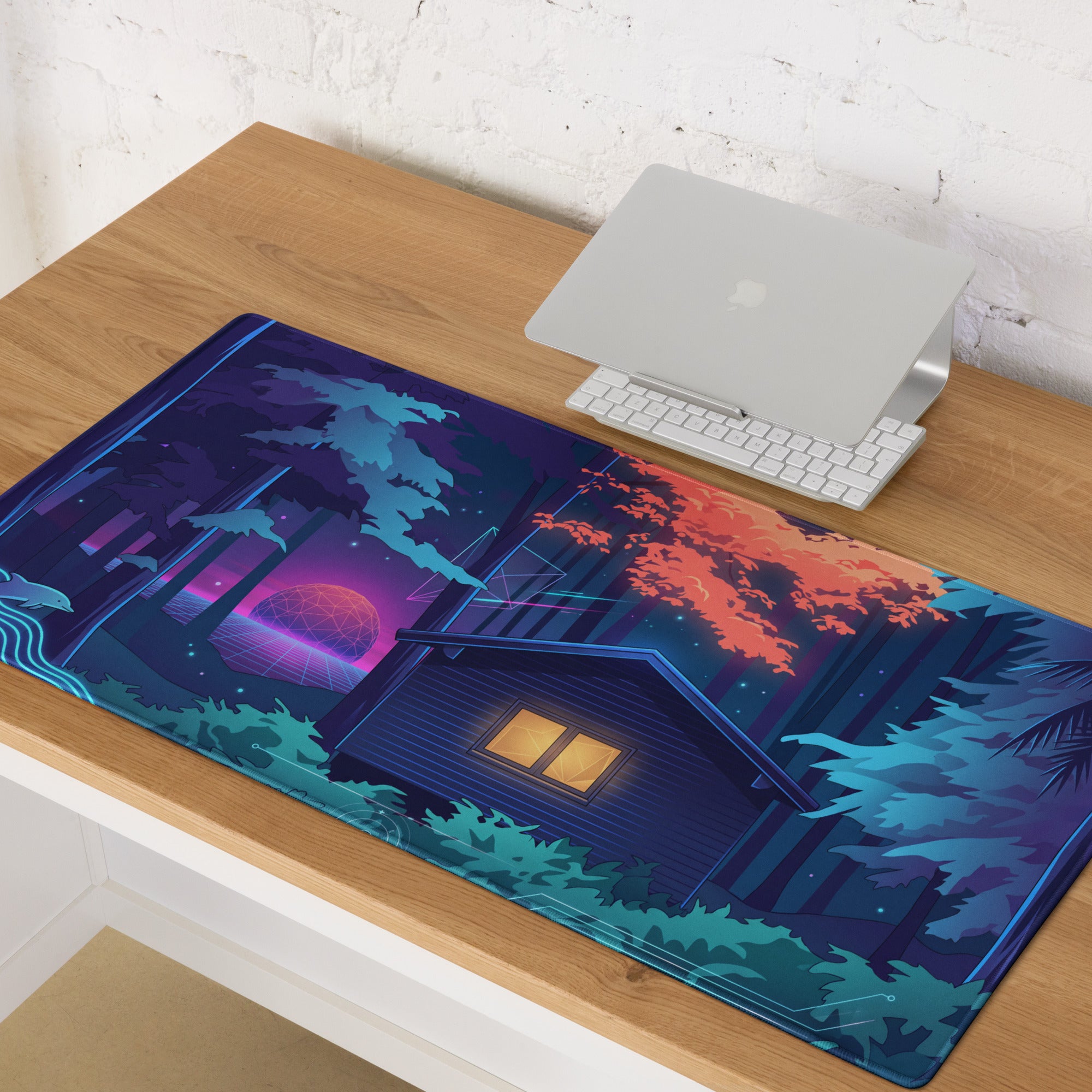 Vaporwave Night Desk Mat - Mouse Pad Neon Pink Blue Gaming Desk Vaporwave Dreamy Neon Mood Retro Decor Digital Art