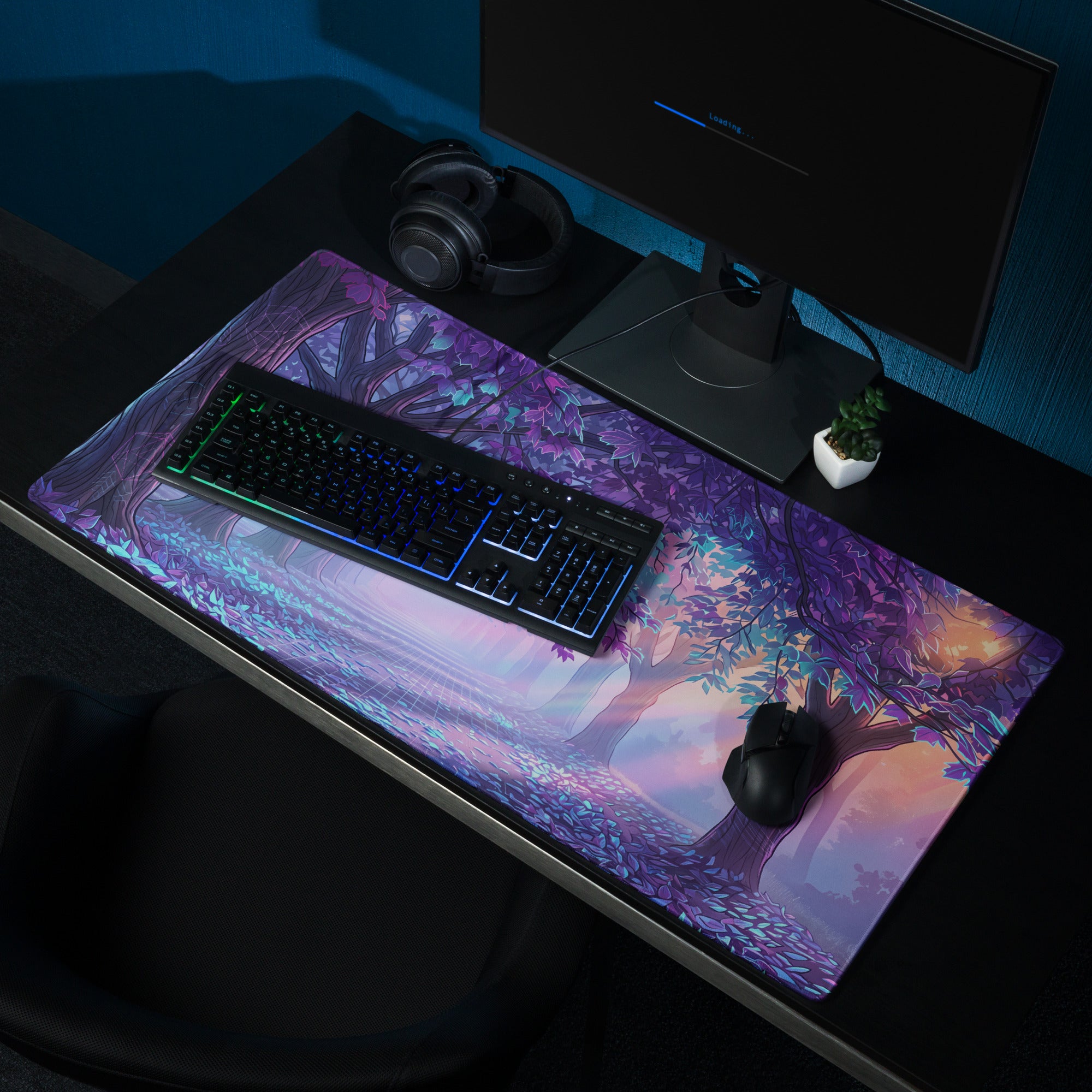 Vaporwave Forest Neon Desk Mat - Mouse Pad Purple Blue Teal Vaporwave Dreamy Nostalgic Mood Neon Cyberpunk Digital Art
