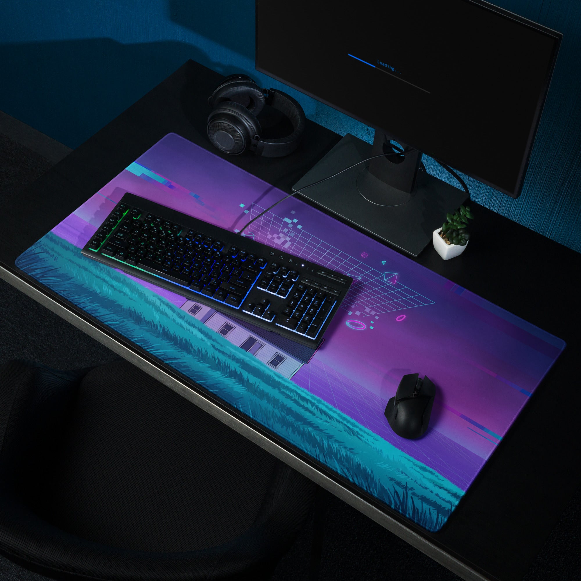 Vaporwave Neon Pixel House Mouse Pad - Mouse Pad Purple Pink Neon Vaporwave Desk Futurism Dreamy Mood Digital Art