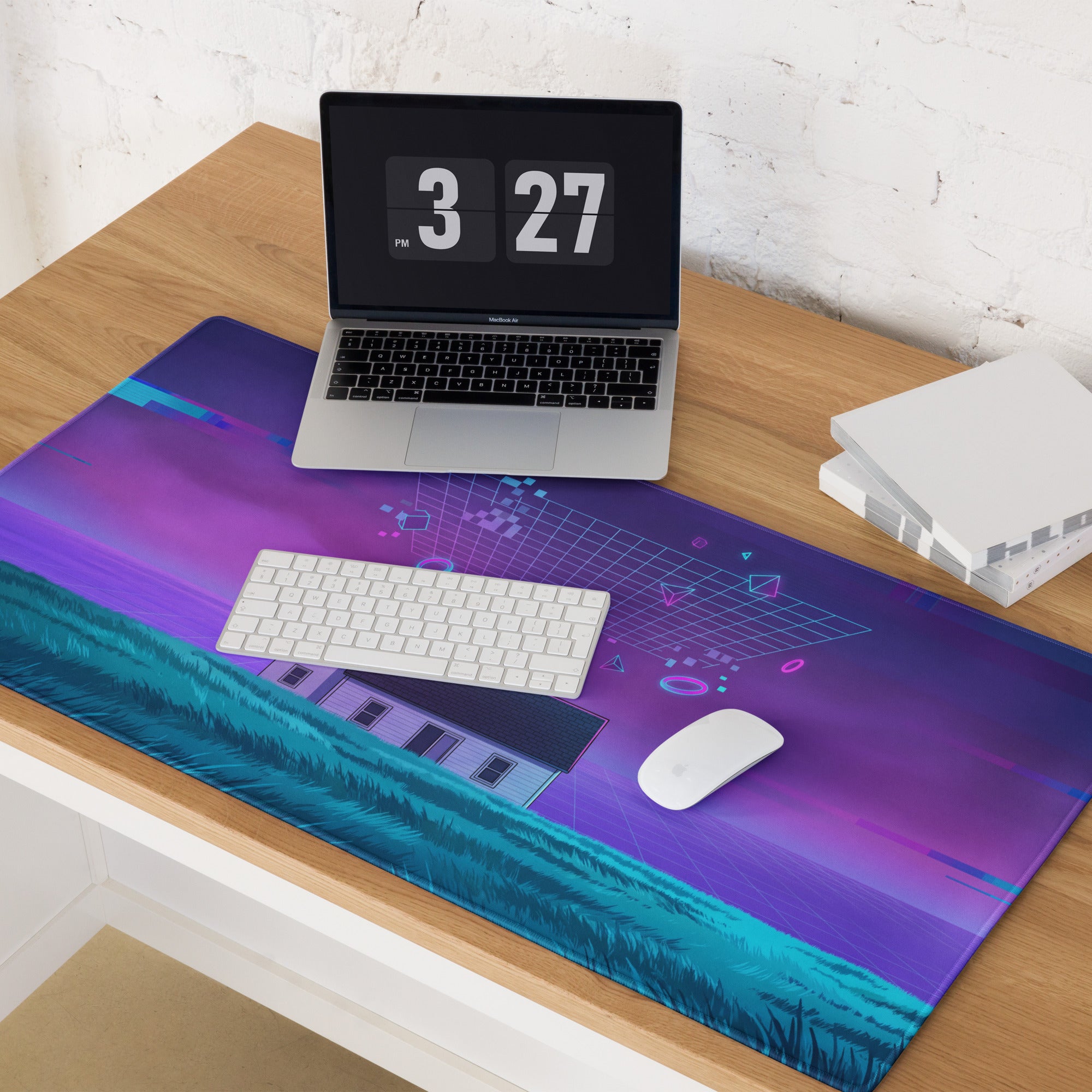 Vaporwave Neon Pixel House Mouse Pad - Mouse Pad Purple Pink Neon Vaporwave Desk Futurism Dreamy Mood Digital Art