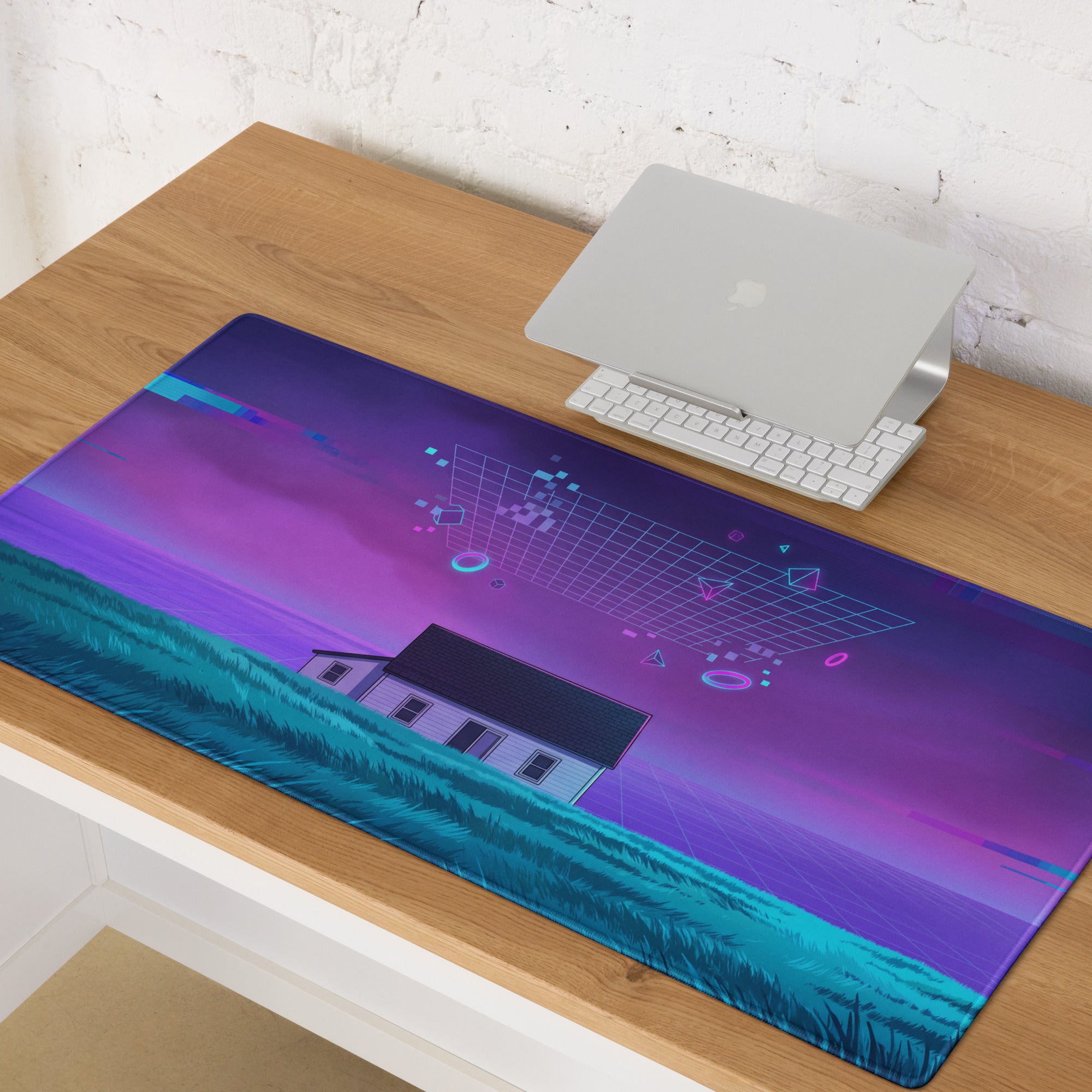 Vaporwave Neon Pixel House Mouse Pad - Mouse Pad Purple Pink Neon Vaporwave Desk Futurism Dreamy Mood Digital Art