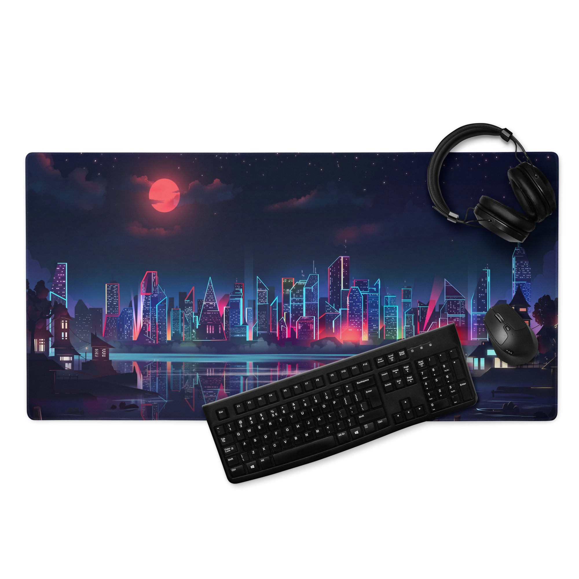 Vaporwave City Neon Mouse Pad - mouse pad neon purple pink blue vaporwave gaming desk mood cyberpunk decor