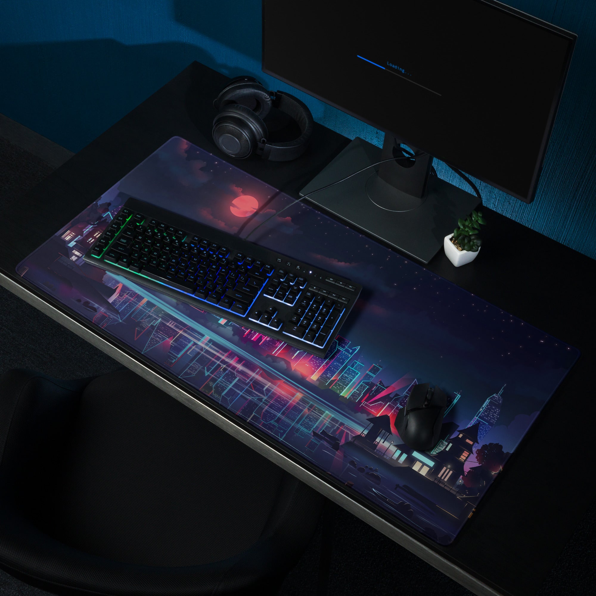 Vaporwave City Neon Mouse Pad - mouse pad neon purple pink blue vaporwave gaming desk mood cyberpunk decor