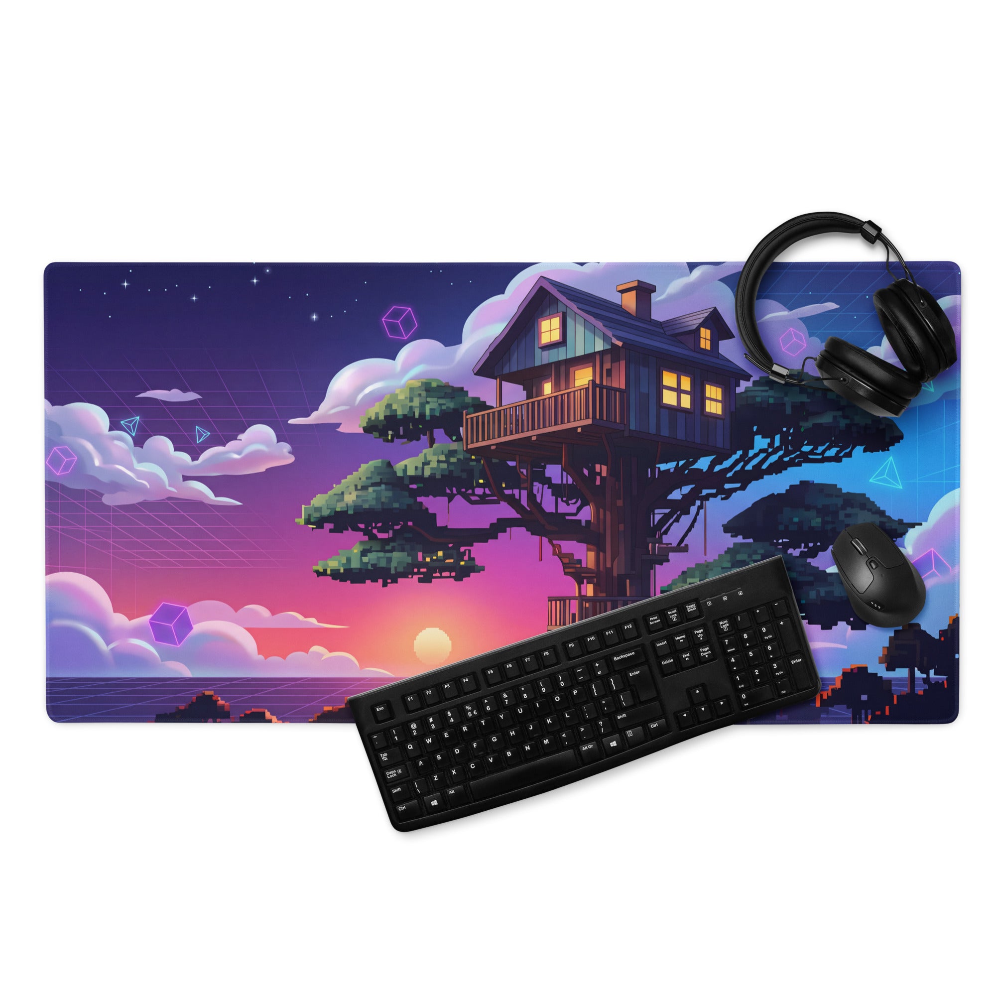 Vaporwave Nightscape Desk Pad - Gaming Mouse Pad Desk Mat Purple Gradient Vaporwave Dreamy Retro Mood Neon Cyberpunk