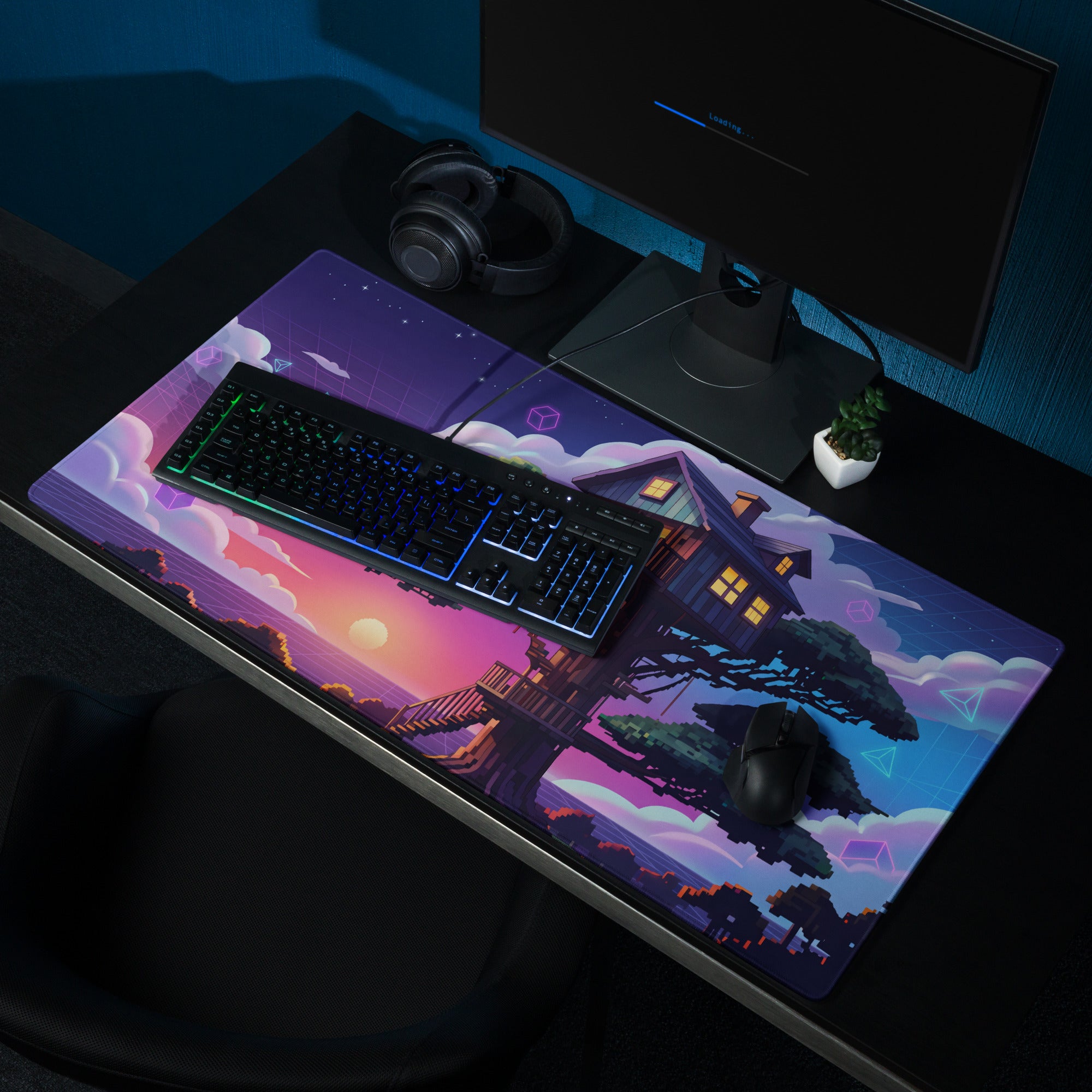 Vaporwave Nightscape Desk Pad - Gaming Mouse Pad Desk Mat Purple Gradient Vaporwave Dreamy Retro Mood Neon Cyberpunk