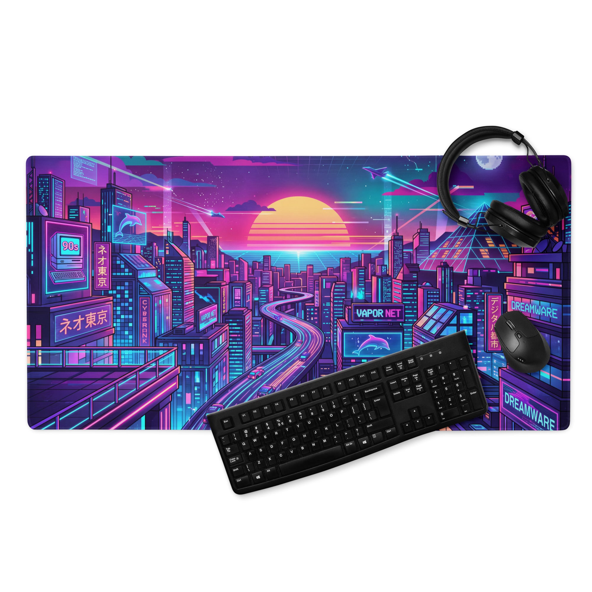 Neon Vaporwave Cityscape Mouse Pad - Cityscape Neon Pink Blue For Gaming Desk Vaporwave Dreamy Retro Futurism Digital Art