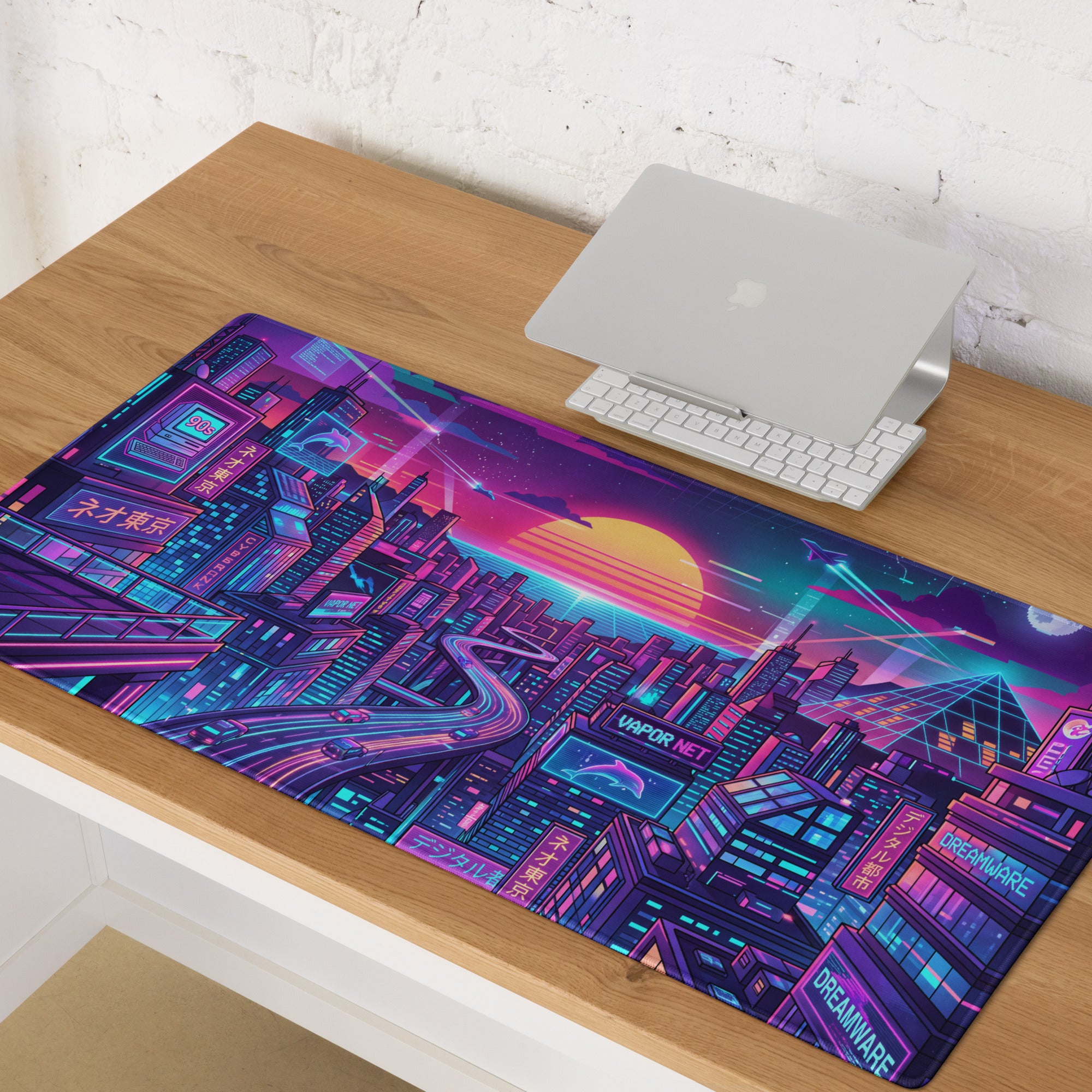 Neon Vaporwave Cityscape Mouse Pad - Cityscape Neon Pink Blue For Gaming Desk Vaporwave Dreamy Retro Futurism Digital Art